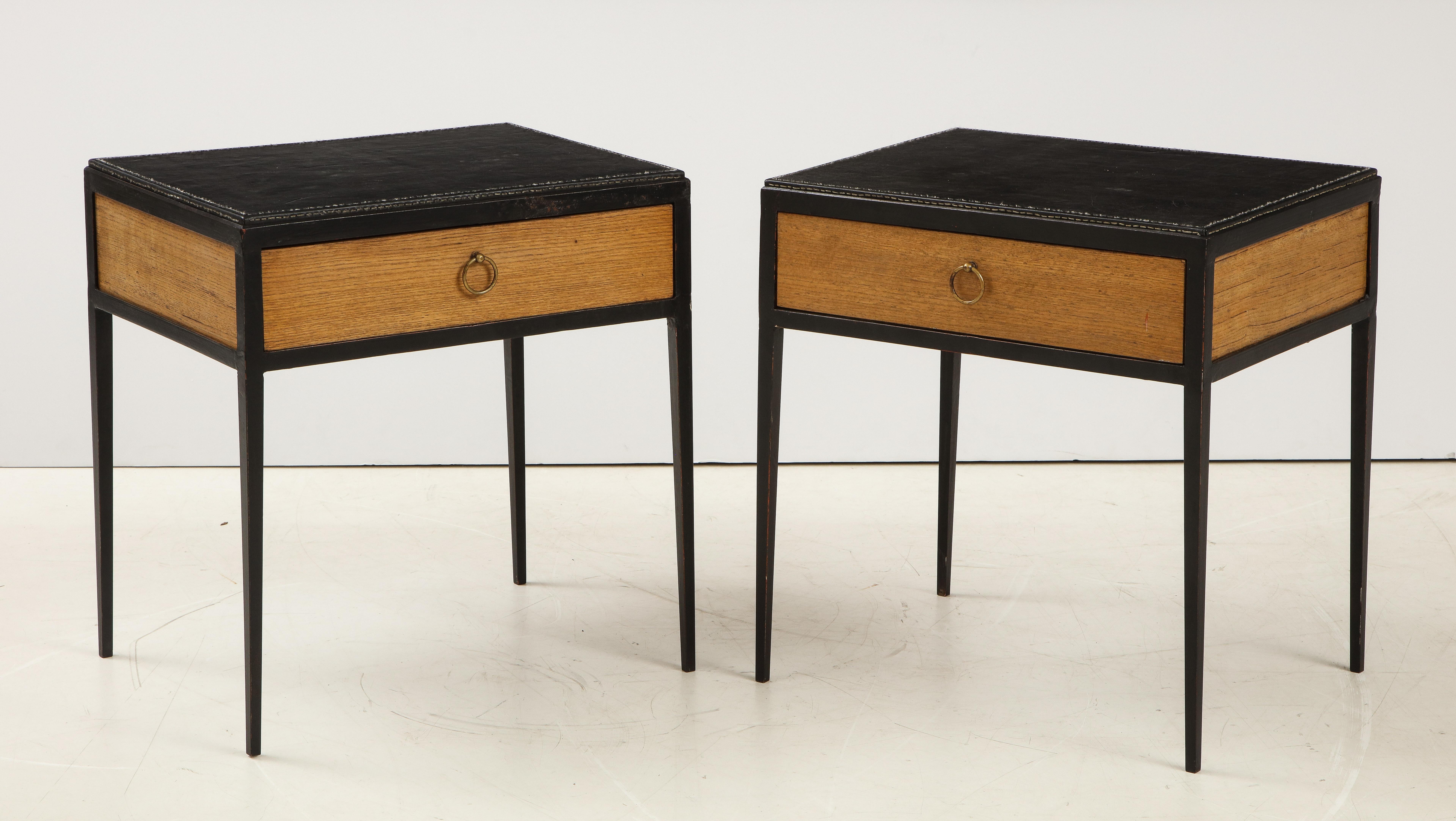 Argentine Pair of Oak and Leather Side Tables in the Manner of Jean Michel Frank