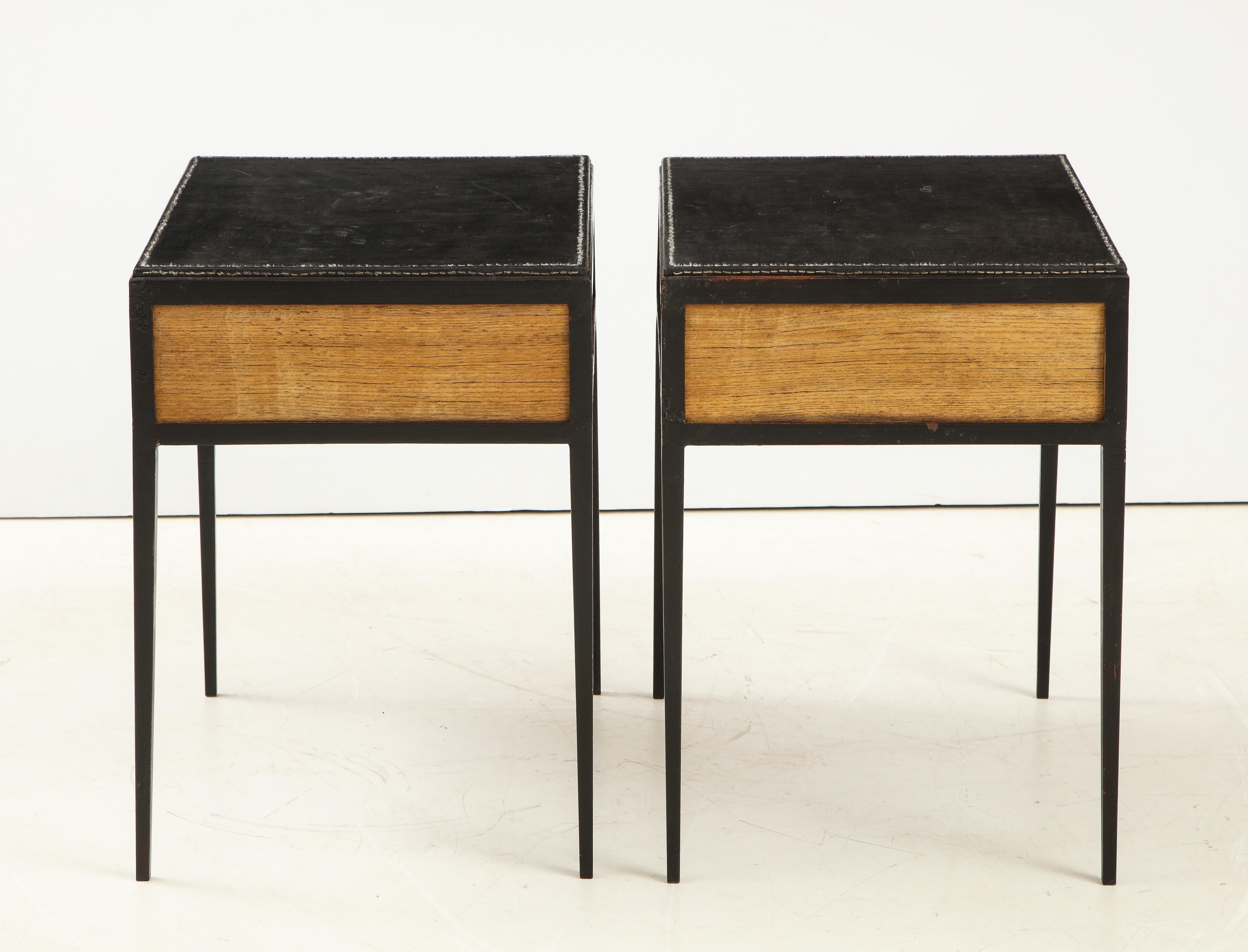 Mid-20th Century Pair of Oak and Leather Side Tables in the Manner of Jean Michel Frank