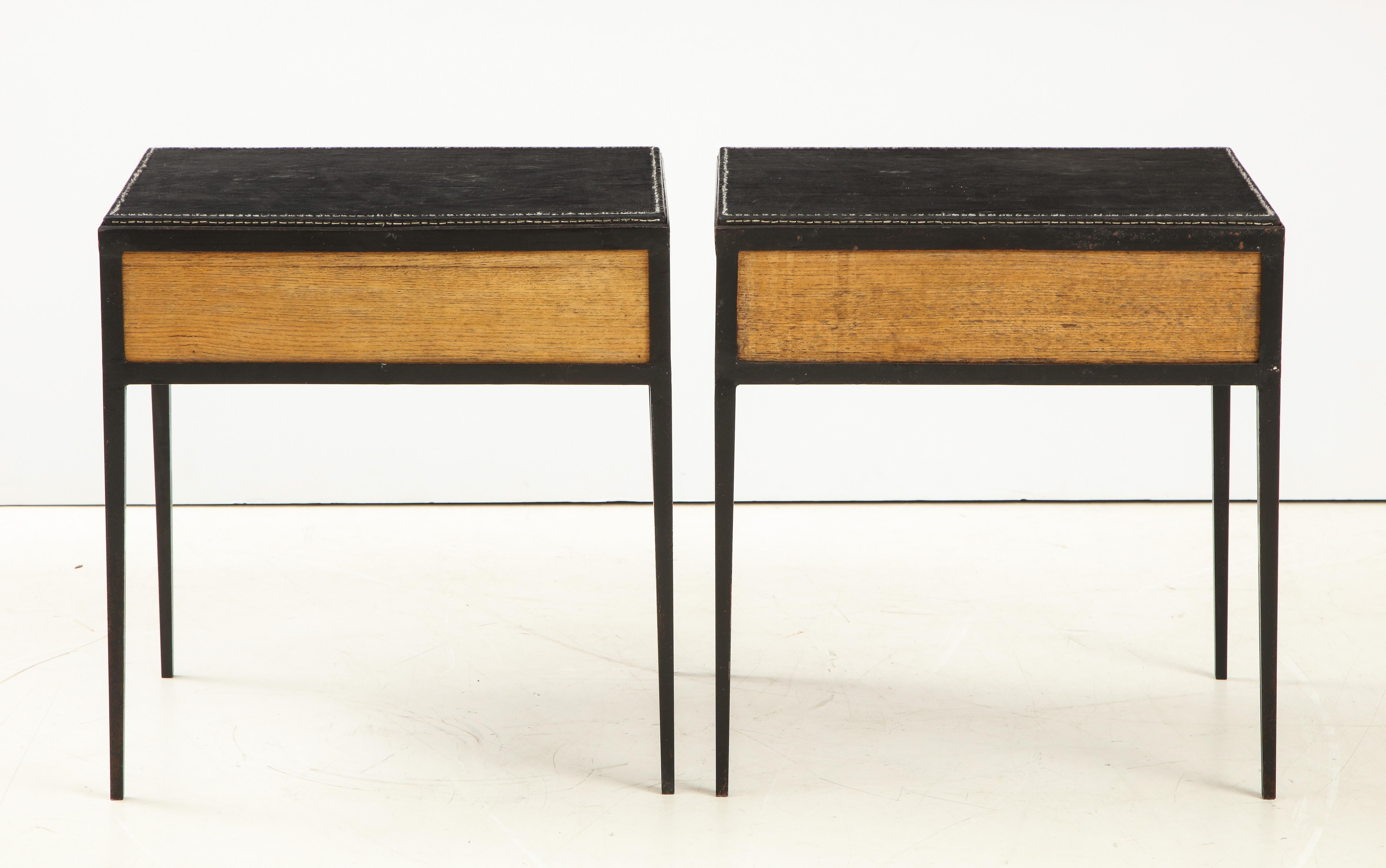 Pair of Oak and Leather Side Tables in the Manner of Jean Michel Frank 1