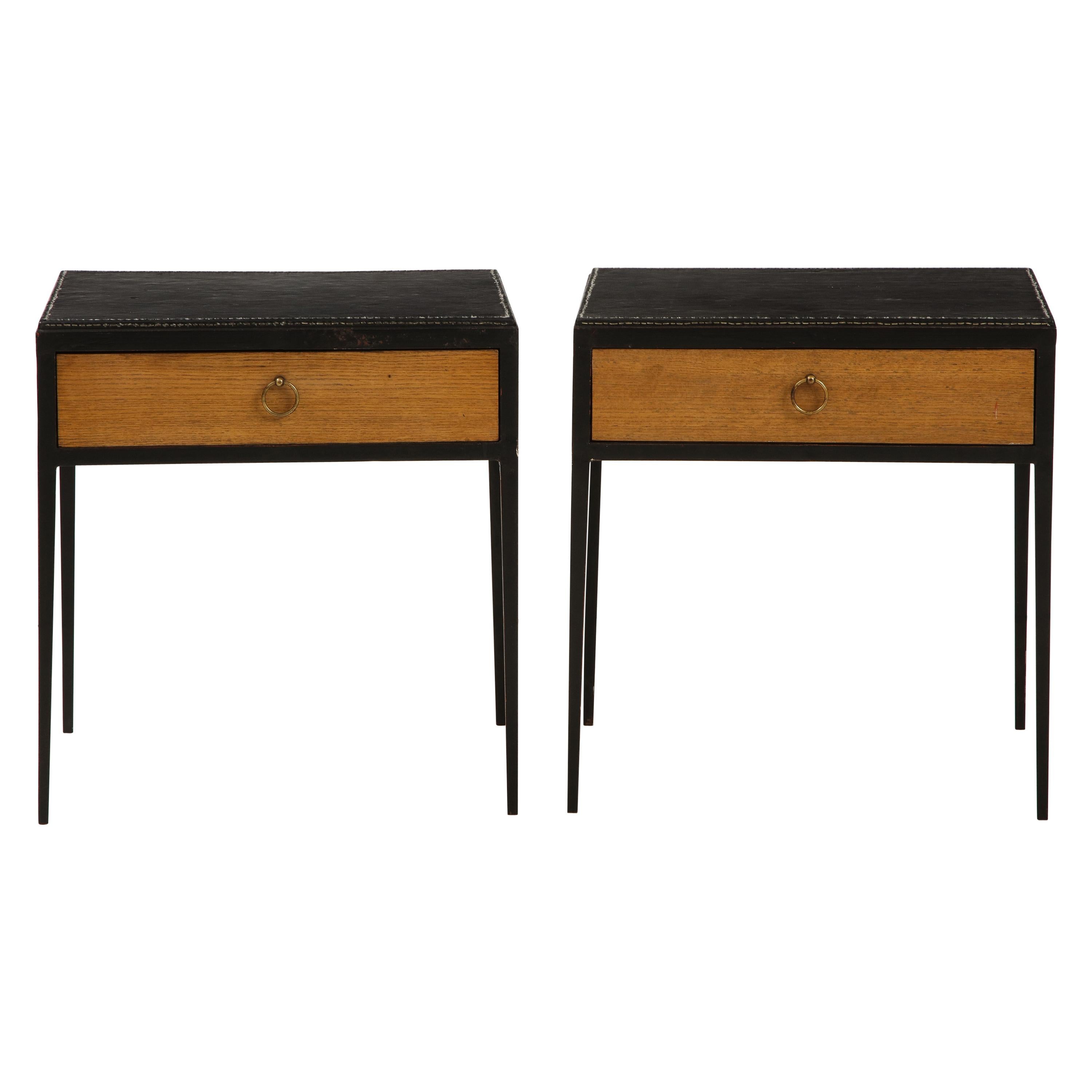 Pair of Oak and Leather Side Tables in the Manner of Jean Michel Frank