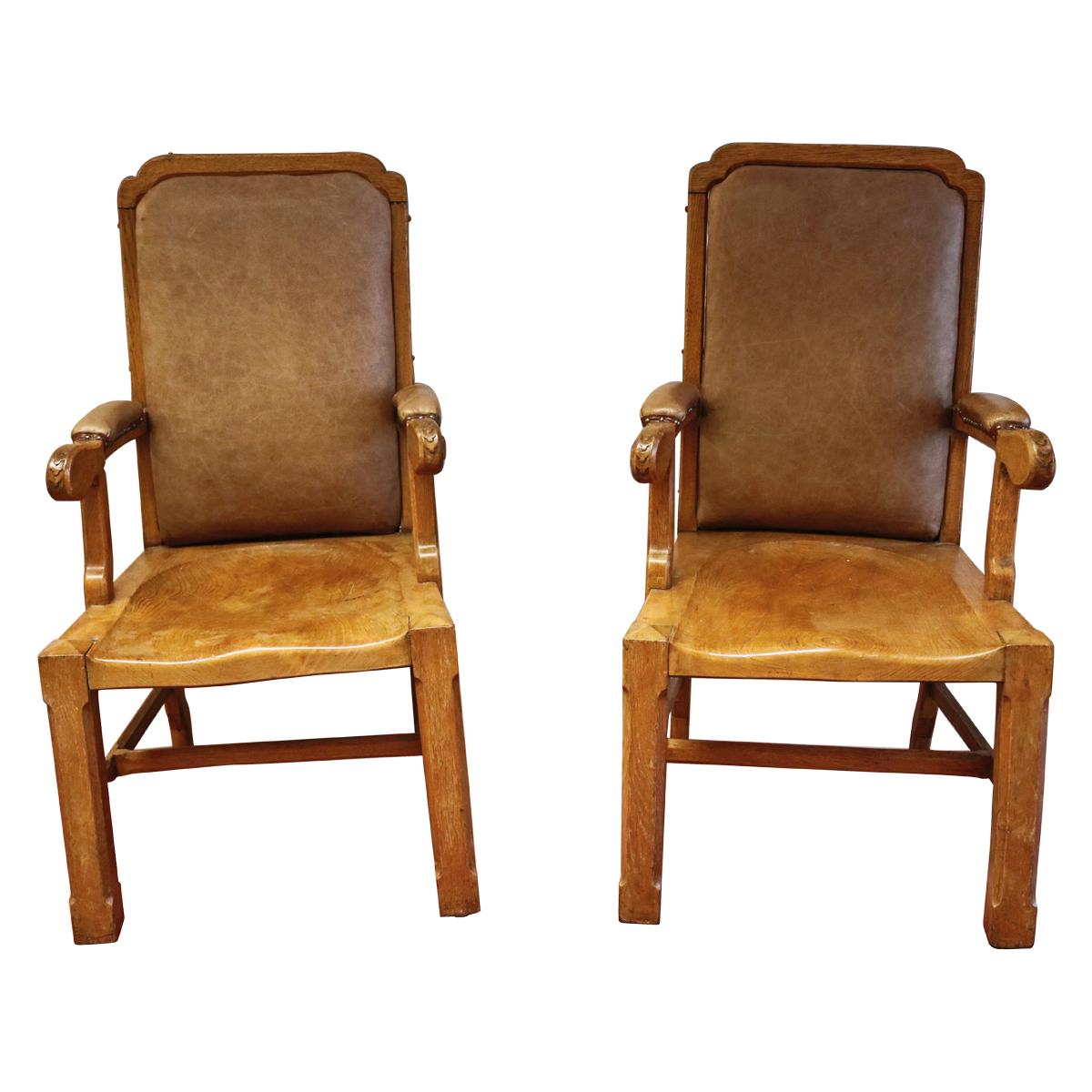 Pair of Oak and Leather Upholstered Armchairs, circa 1900 For Sale