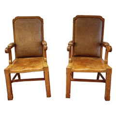 Pair of Oak and Leather Upholstered Armchairs, circa 1900