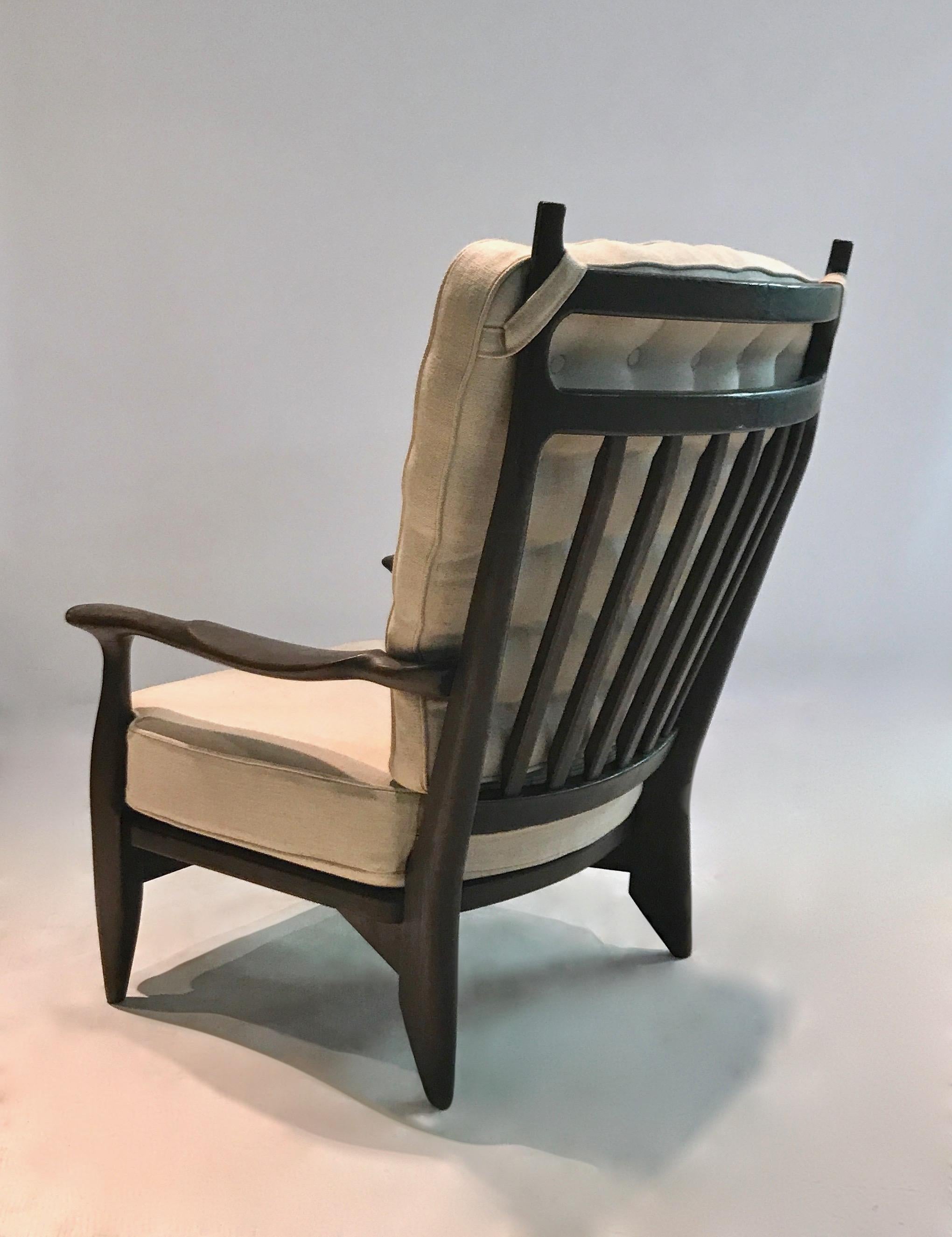French Pair of Oak and Linen Armchairs by Guillerme et Chambron, France, circa 1955