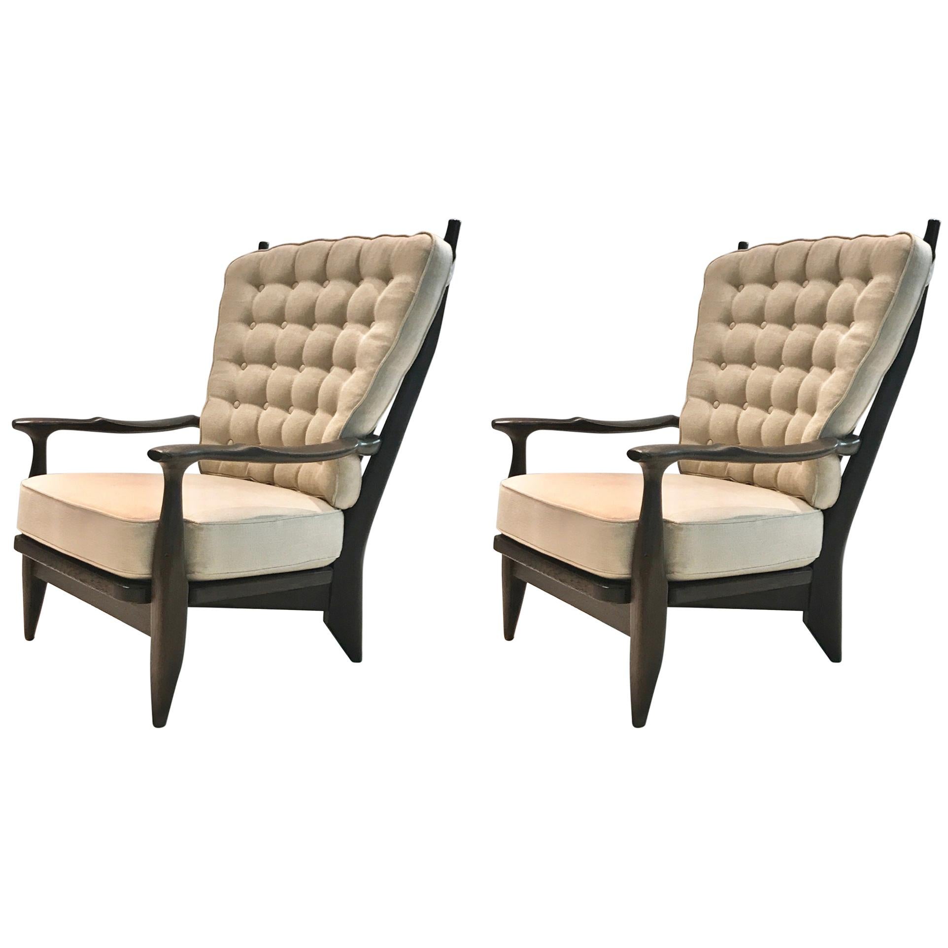 Pair of Oak and Linen Armchairs by Guillerme et Chambron, France, circa 1955