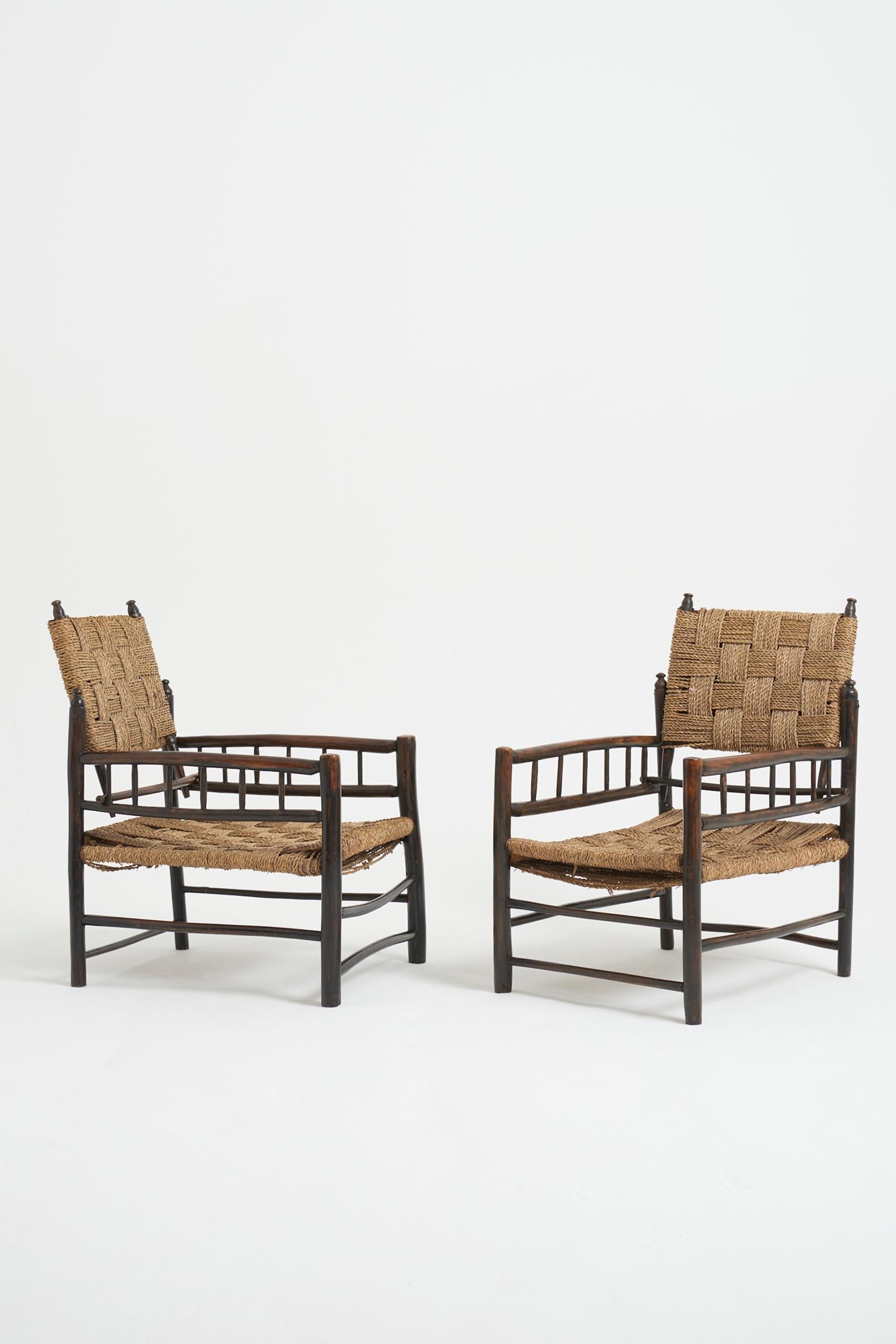 Art Deco Pair of Oak and Rope Armchairs For Sale