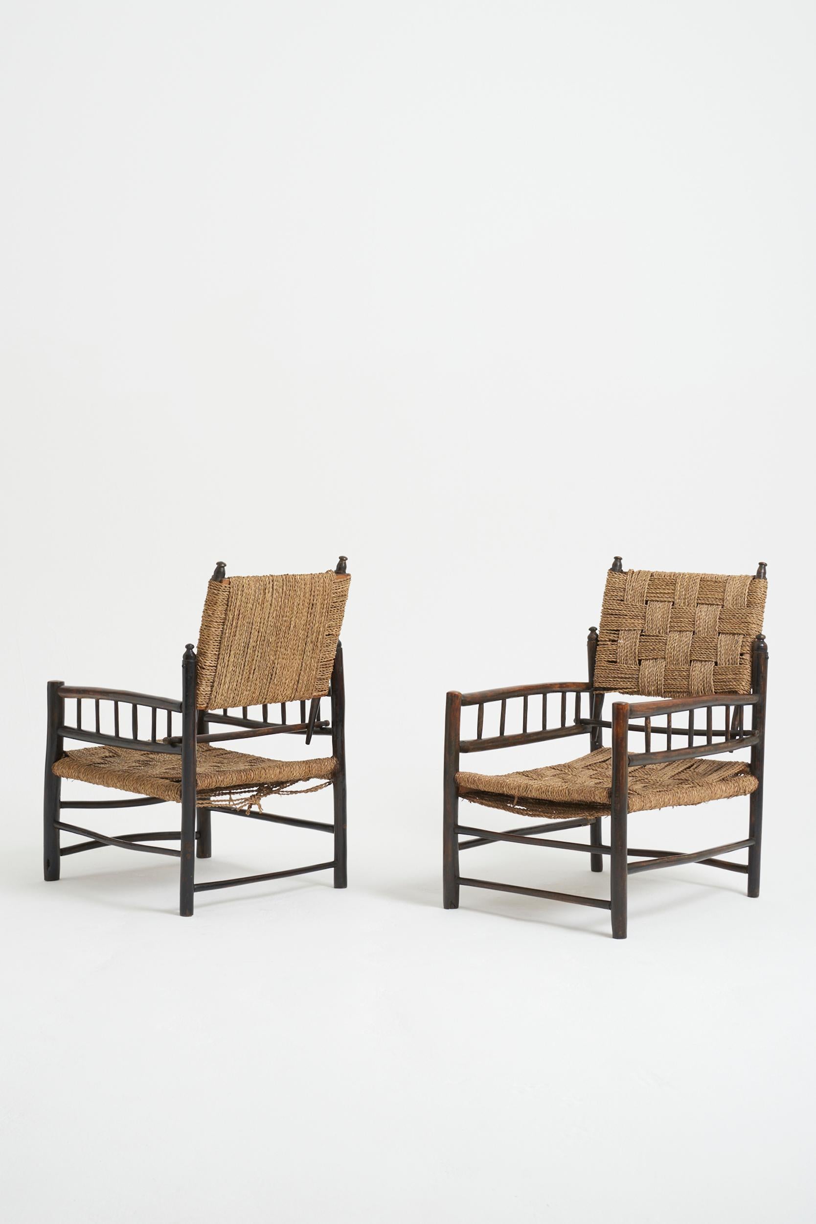 French Pair of Oak and Rope Armchairs For Sale