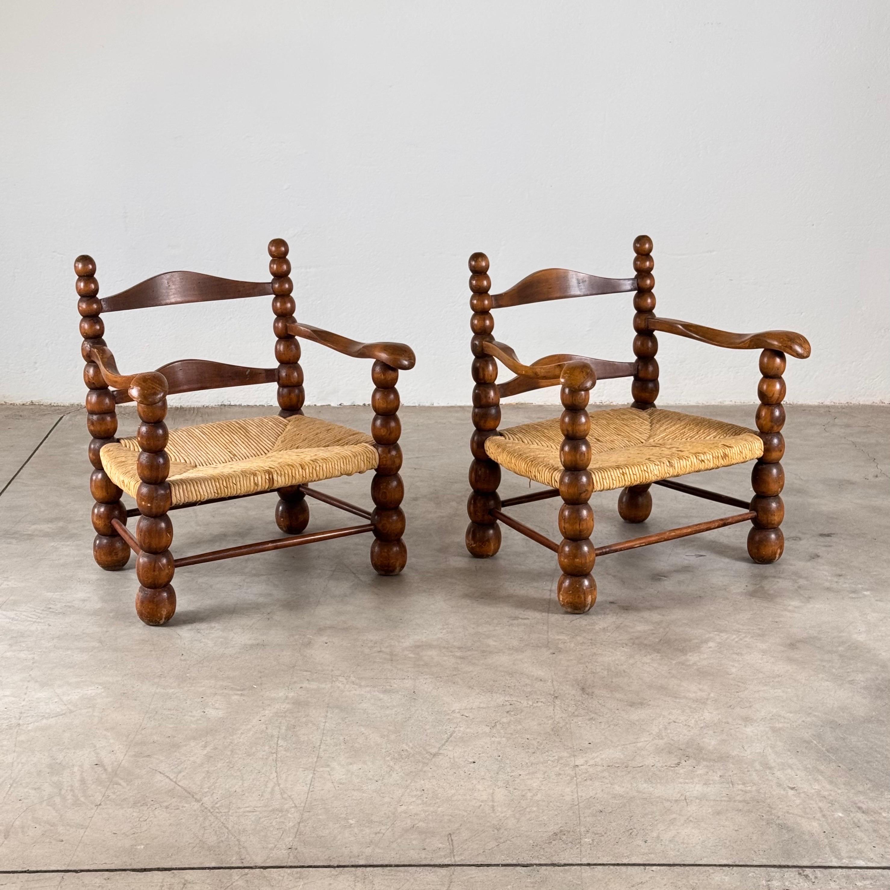 Art Deco Pair of Oak and Rush Armchairs by Charles Dudouyt, 1930s