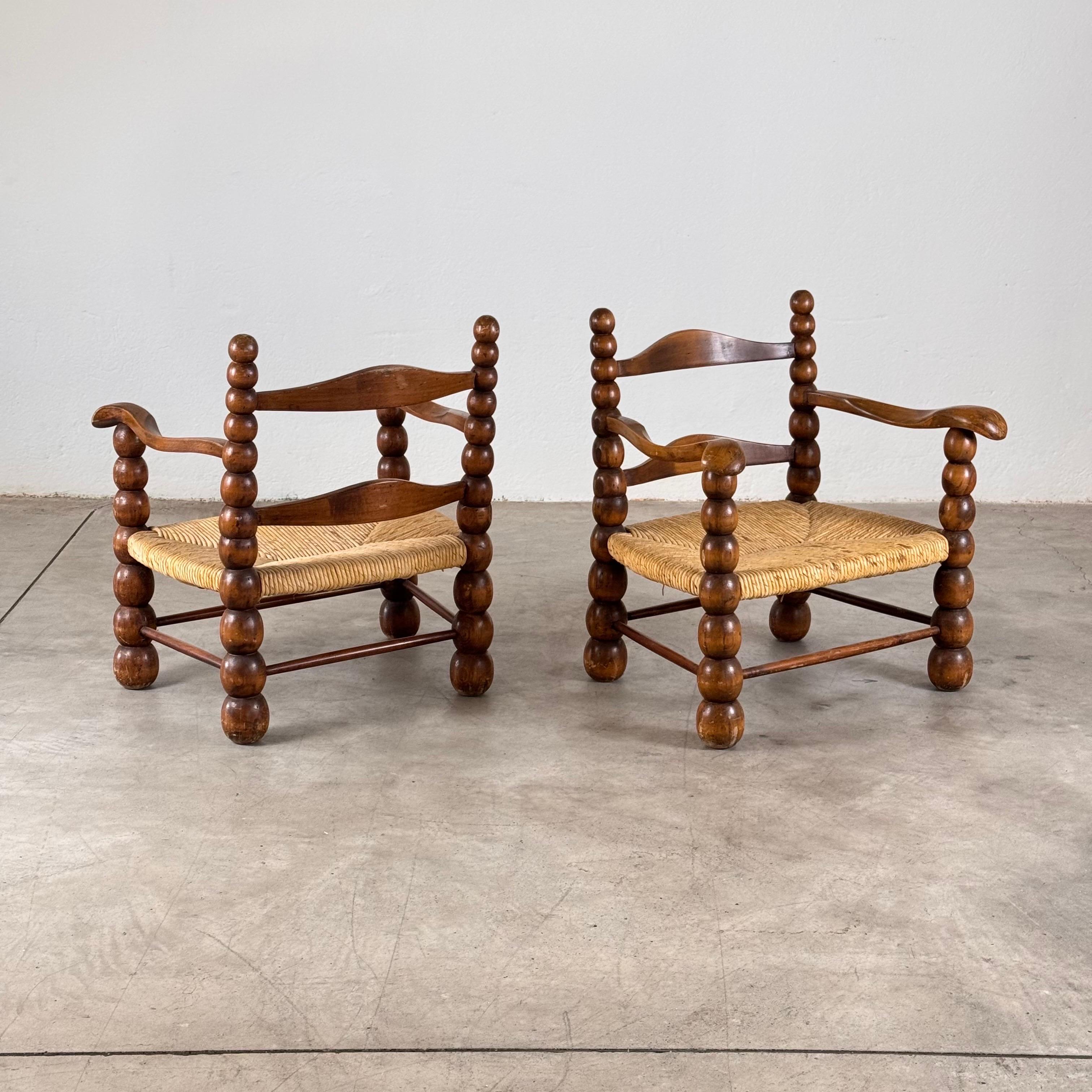 French Pair of Oak and Rush Armchairs by Charles Dudouyt, 1930s