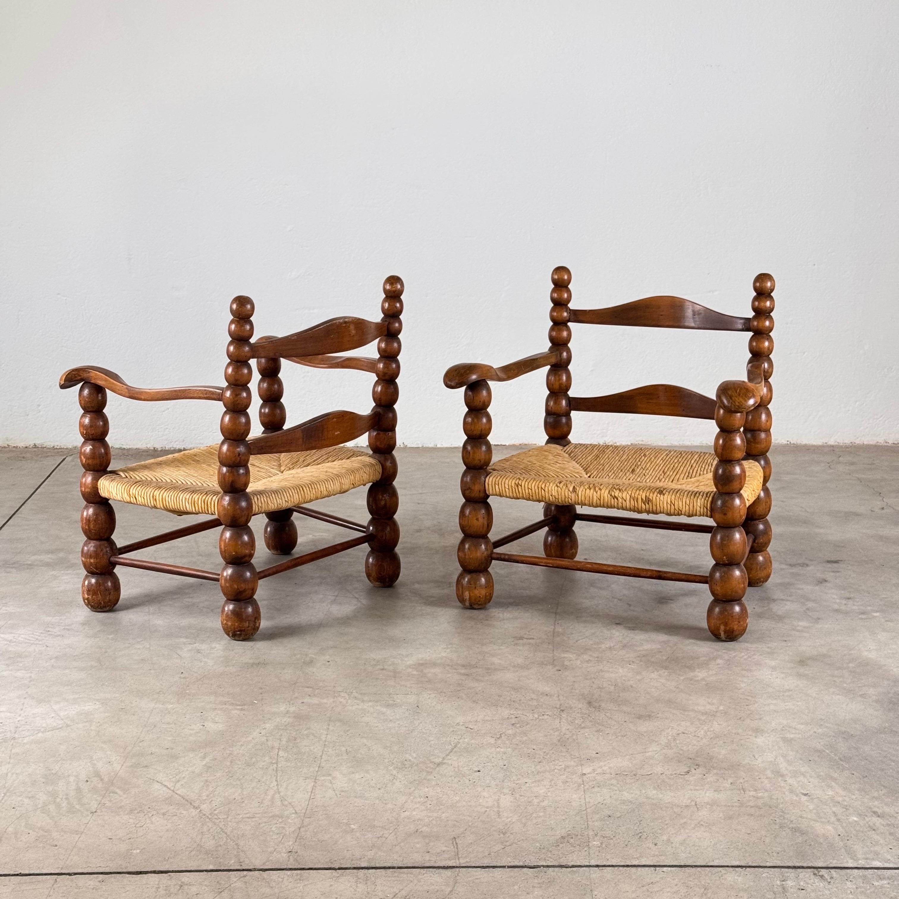 Hand-Crafted Pair of Oak and Rush Armchairs by Charles Dudouyt, 1930s