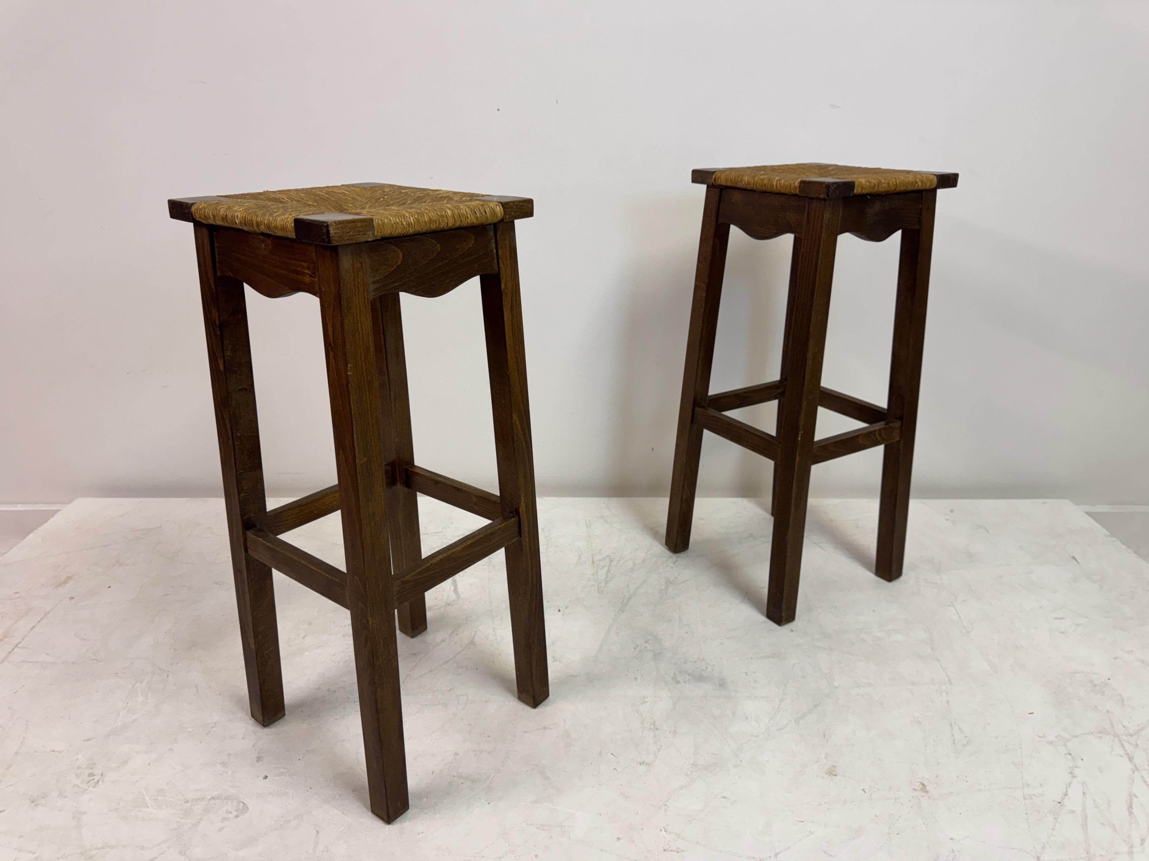 Pair of Oak and Rush Bar Stools, France, 20th Century in vendita 4