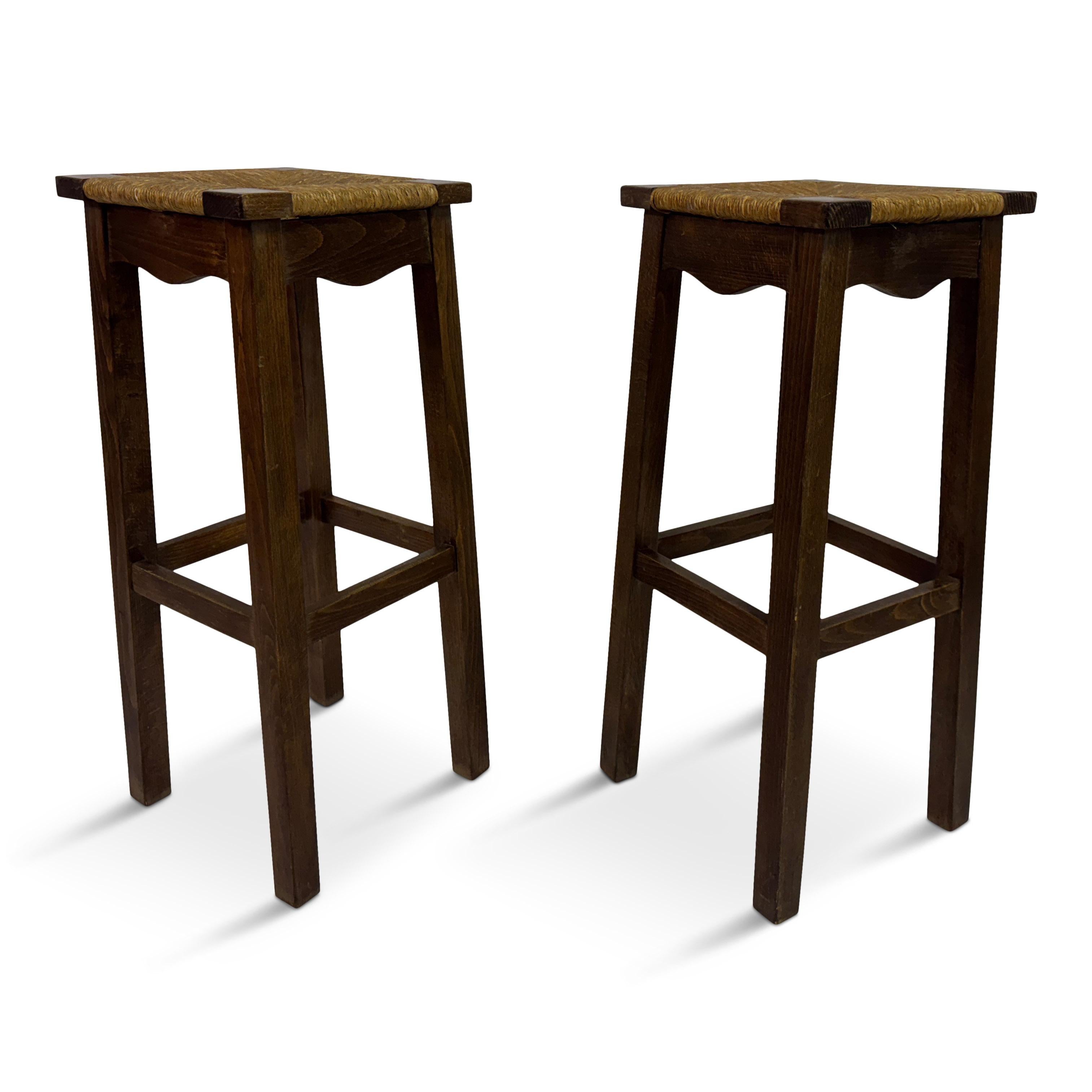 Pair of Oak and Rush Bar Stools, France, 20th Century in vendita 6