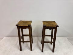 Pair of Oak and Rush Bar Stools, France, 20th Century