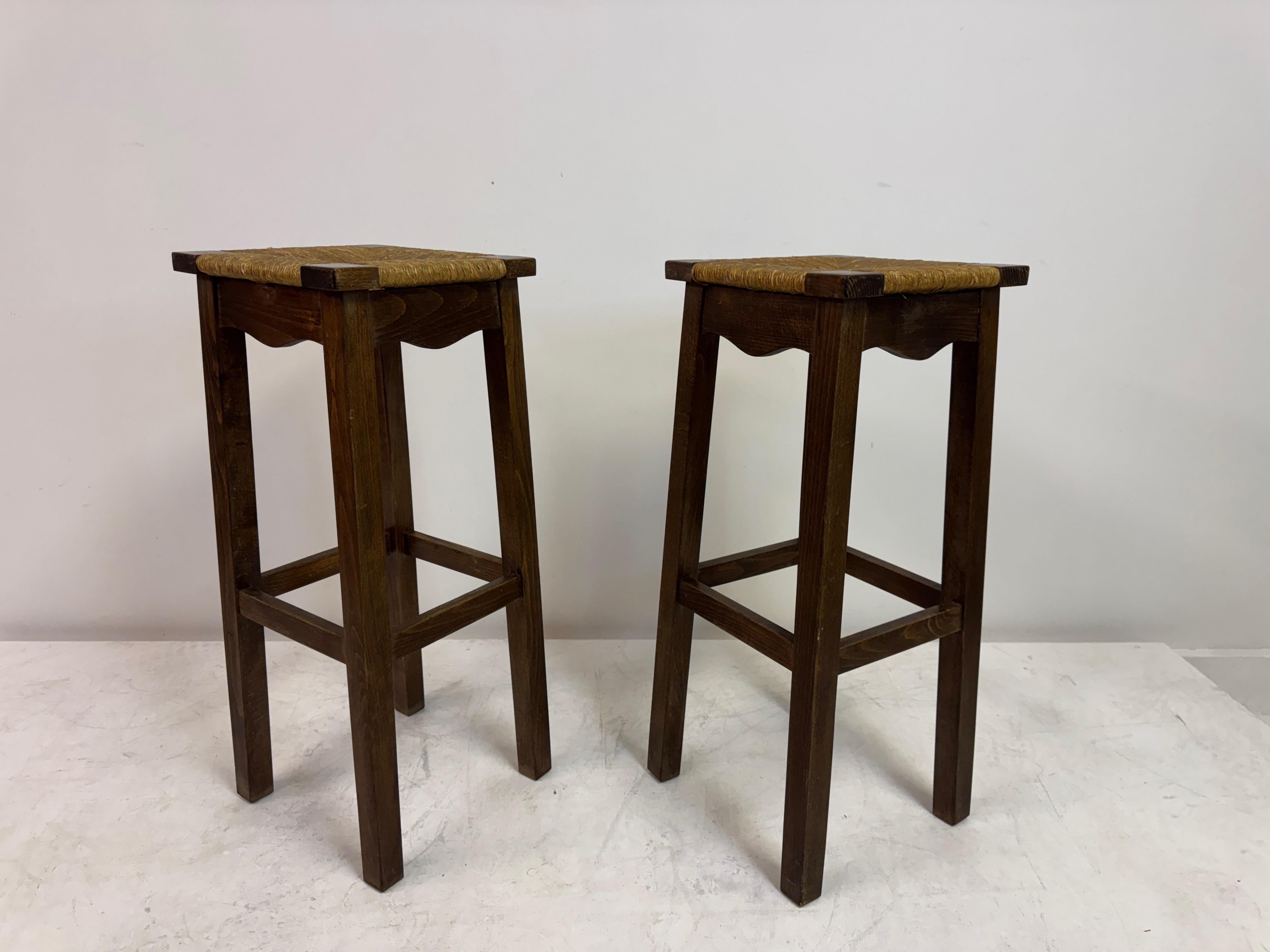 Quercia Pair of Oak and Rush Bar Stools, France, 20th Century in vendita