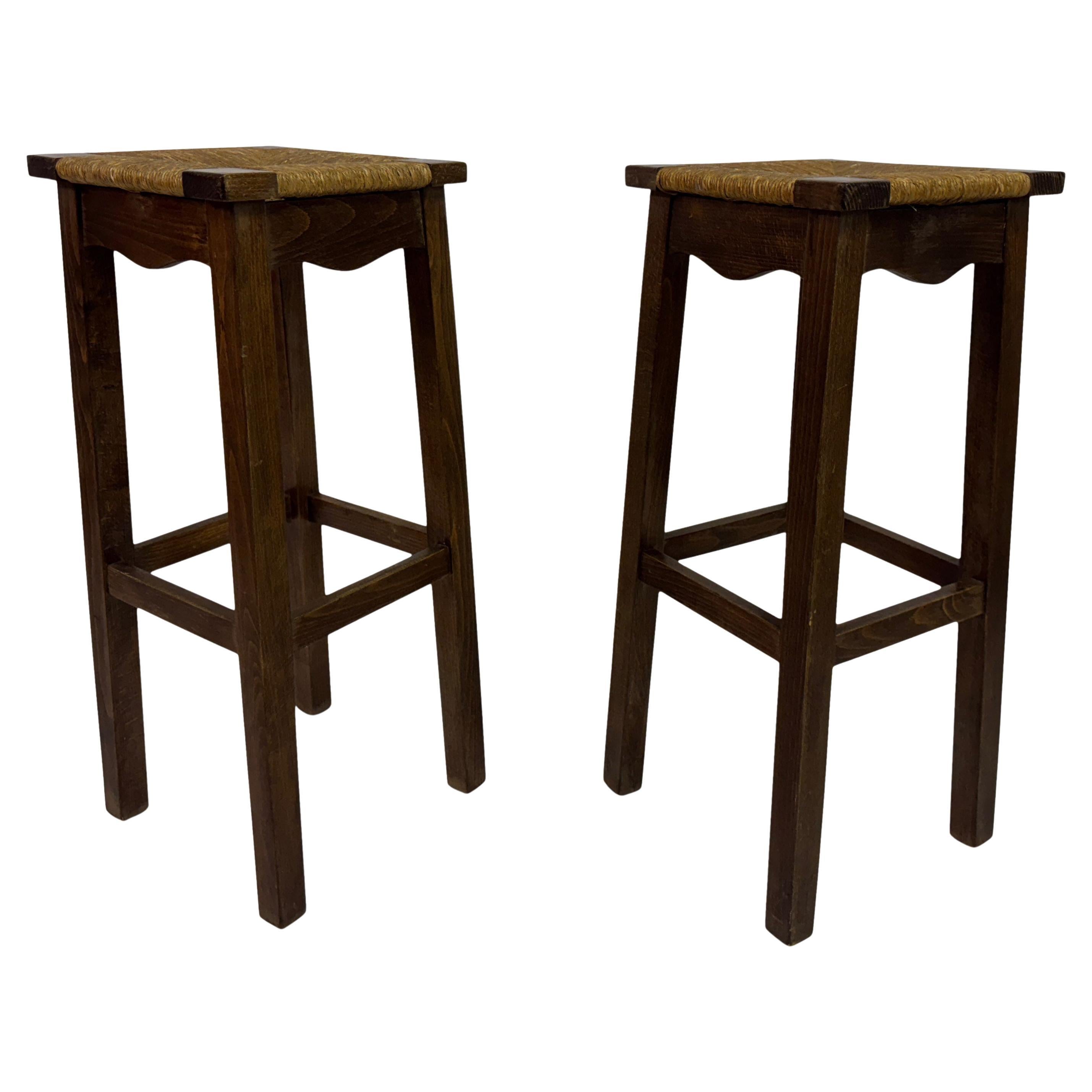 Pair of Oak and Rush Bar Stools, France, 20th Century
