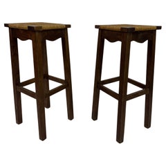 Pair of Oak and Rush Bar Stools, France, 20th Century