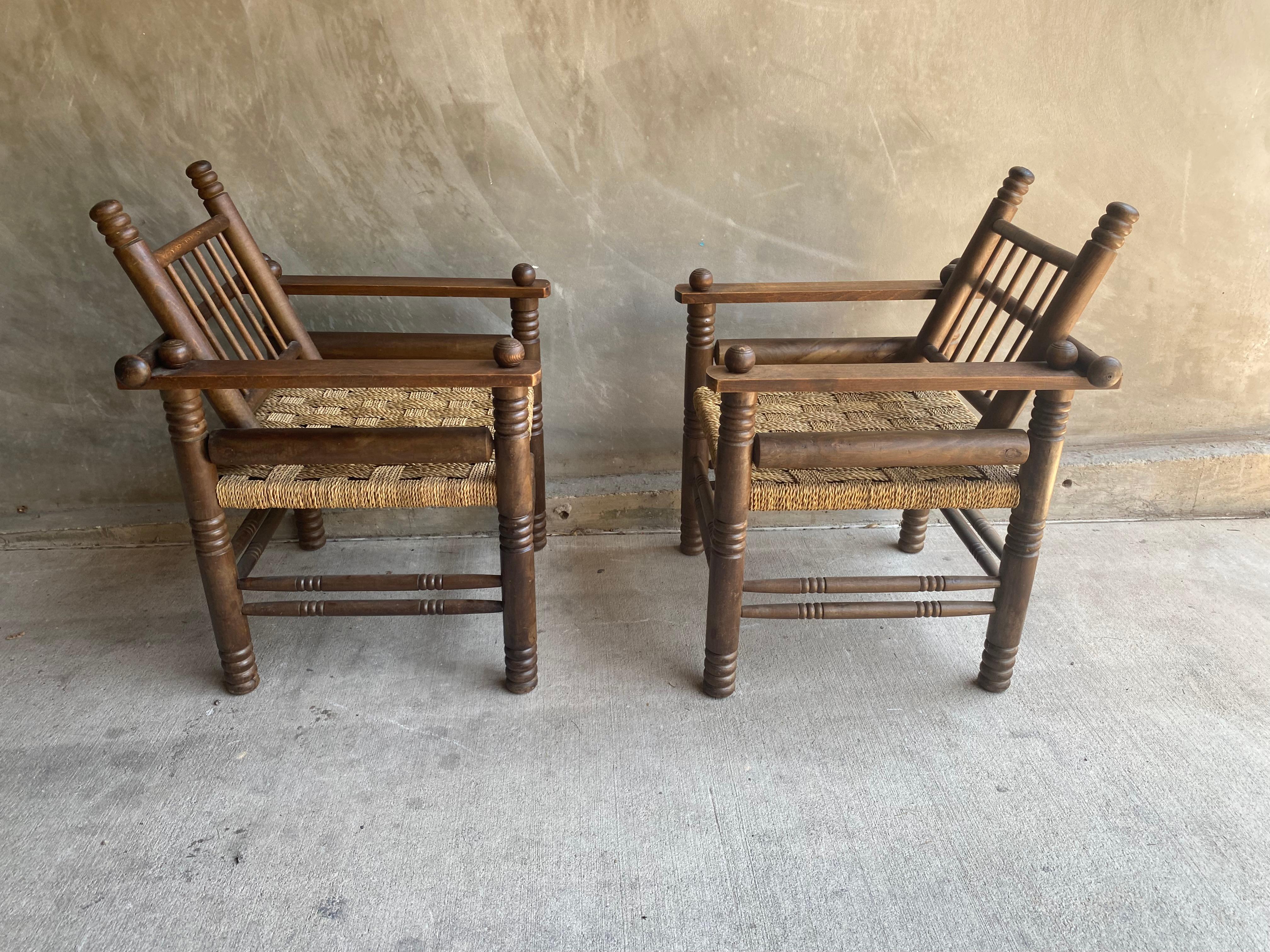 Pair of Oak and Rush Chairs by Charles Dudouyt, France, 1940's 4