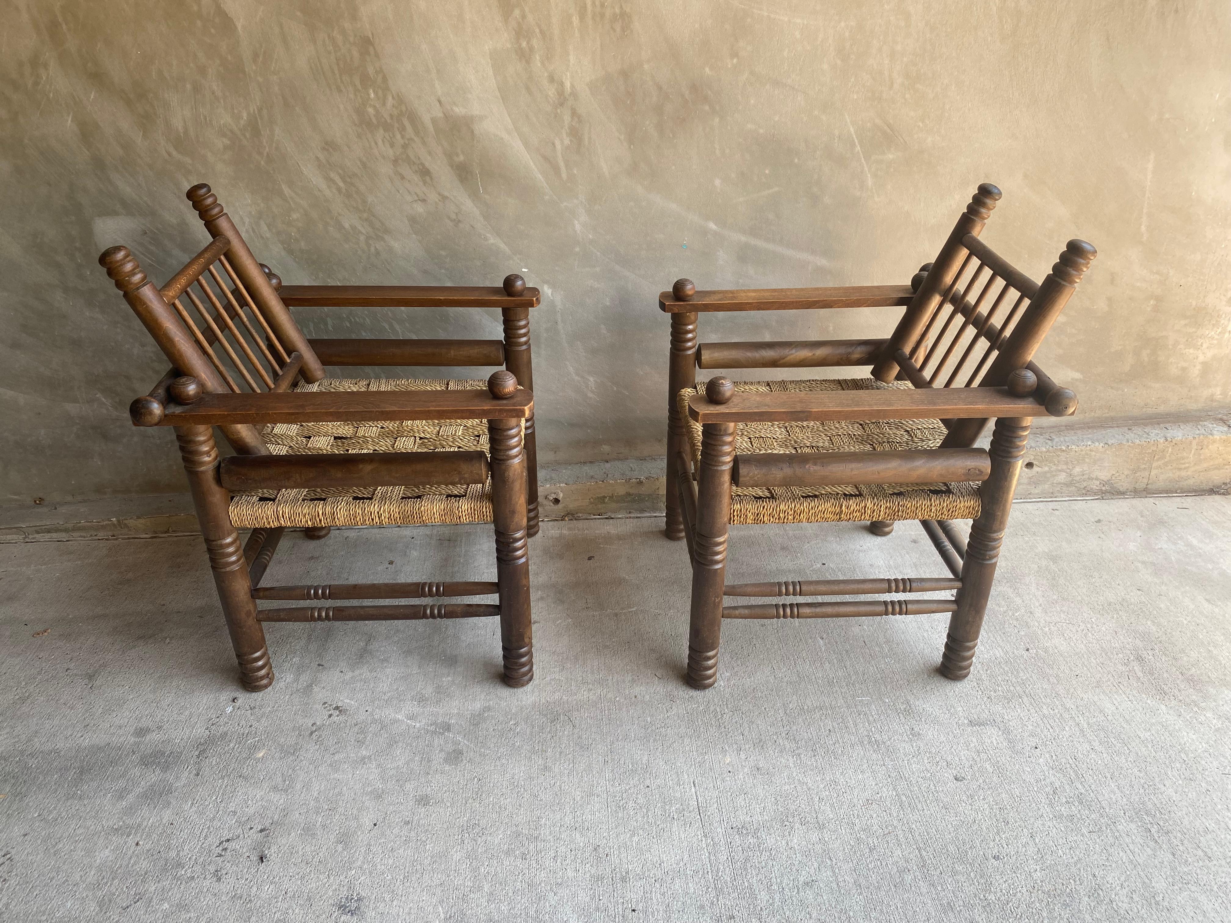 Pair of Oak and Rush Chairs by Charles Dudouyt, France, 1940's 8