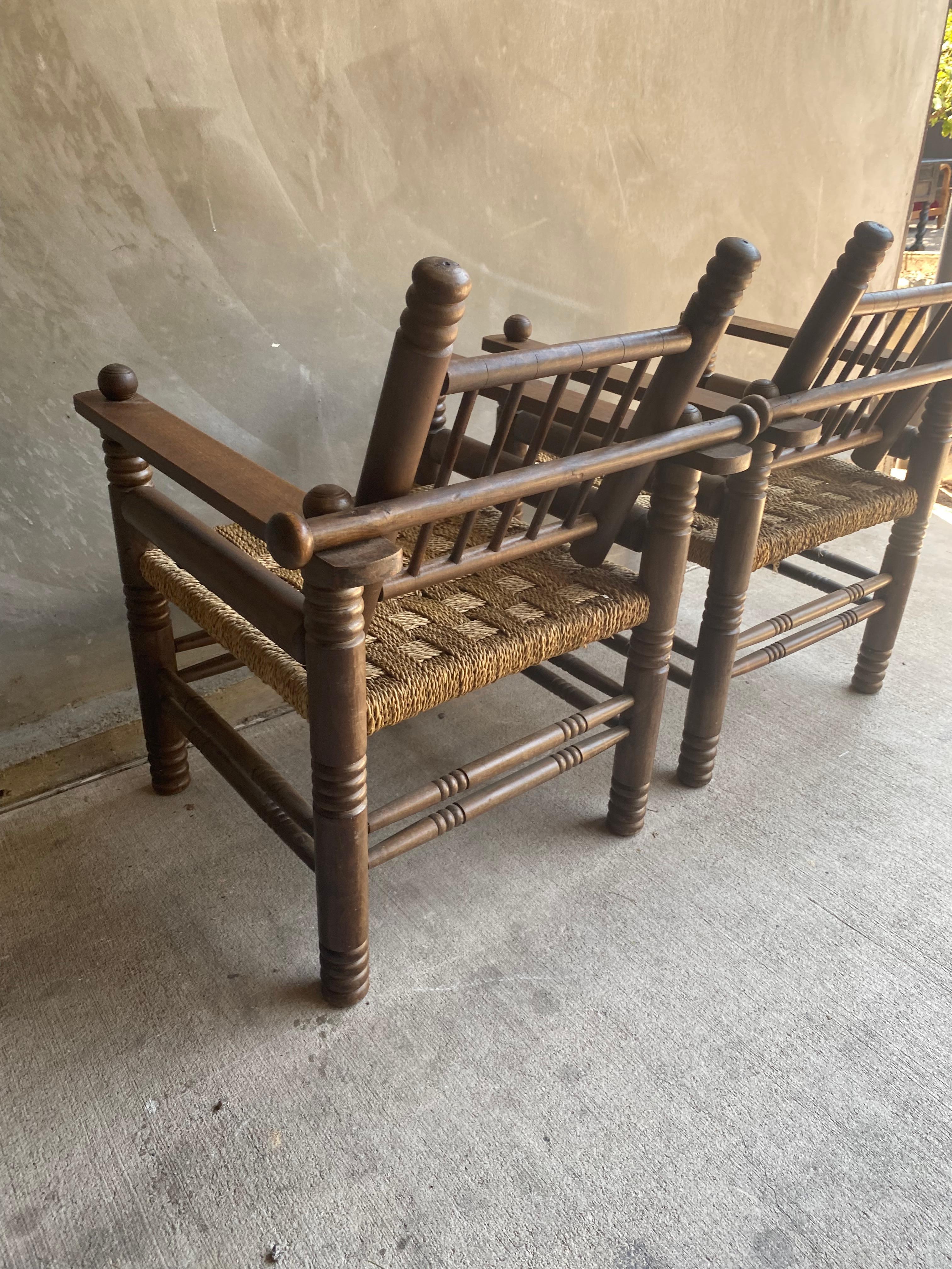 Pair of Oak and Rush Chairs by Charles Dudouyt, France, 1940's 9
