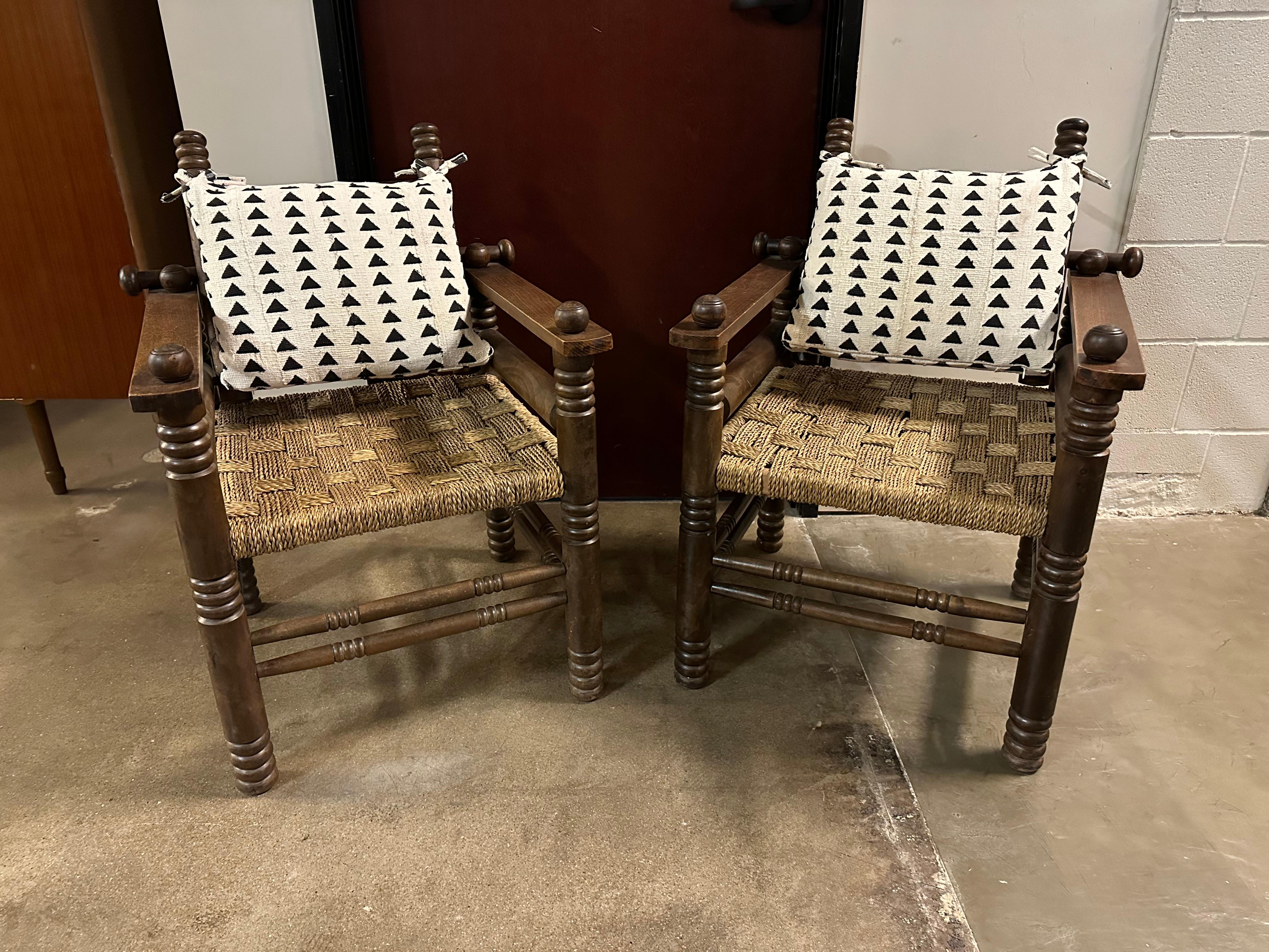 Art Deco Pair of Oak and Rush Chairs by Charles Dudouyt, France, 1940's