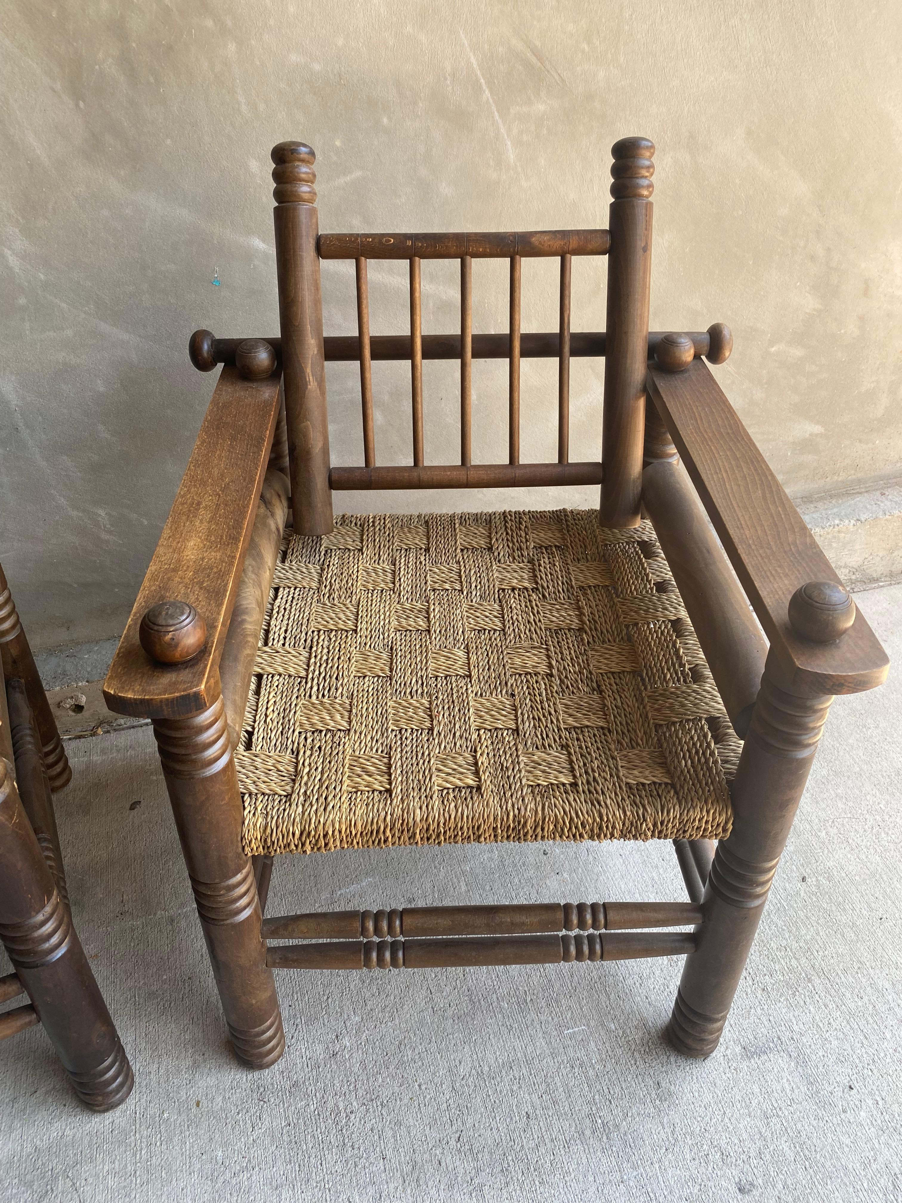 Pair of Oak and Rush Chairs by Charles Dudouyt, France, 1940's In Good Condition In Austin, TX