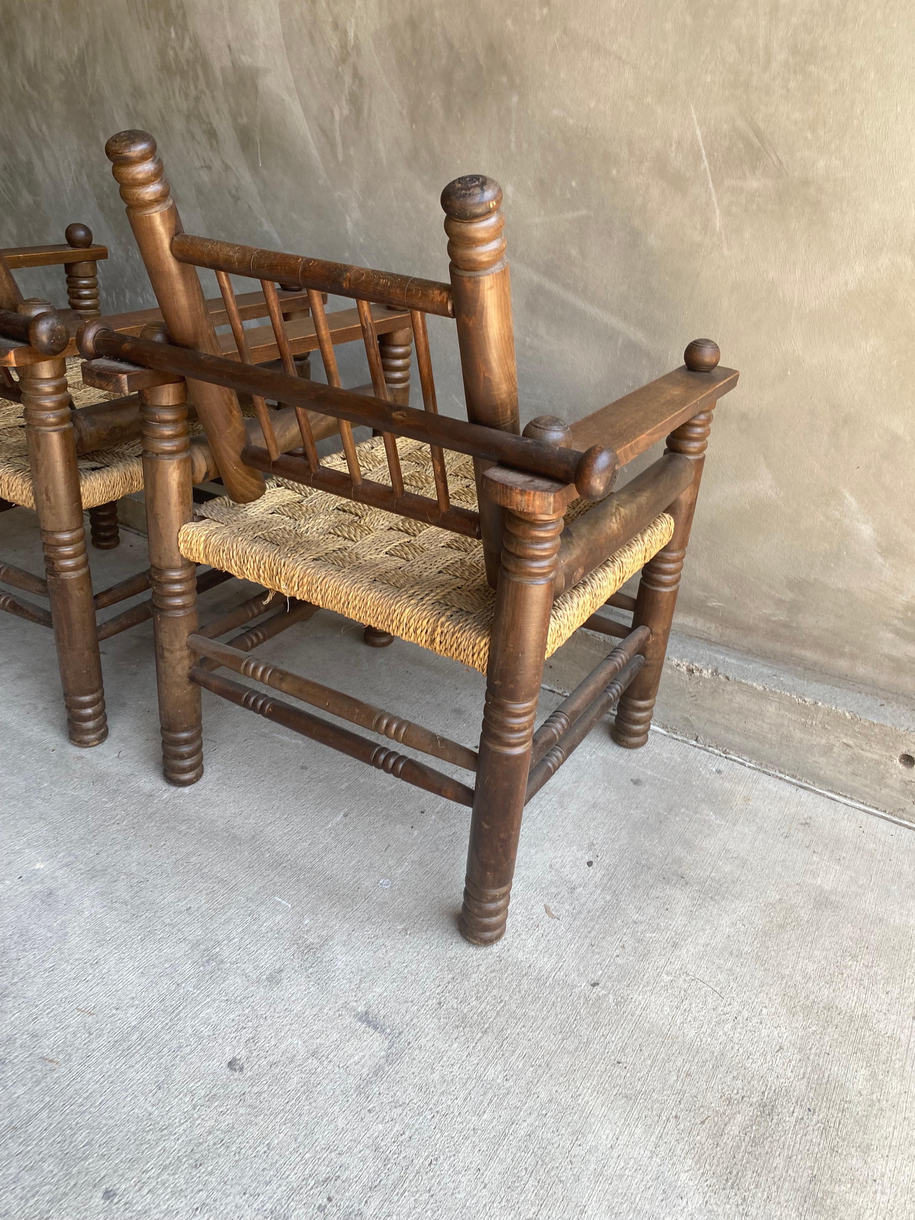 Mid-20th Century Pair of Oak and Rush Chairs by Charles Dudouyt, France, 1940's