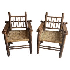 Pair of Oak and Rush Chairs by Charles Dudouyt, France, 1940's