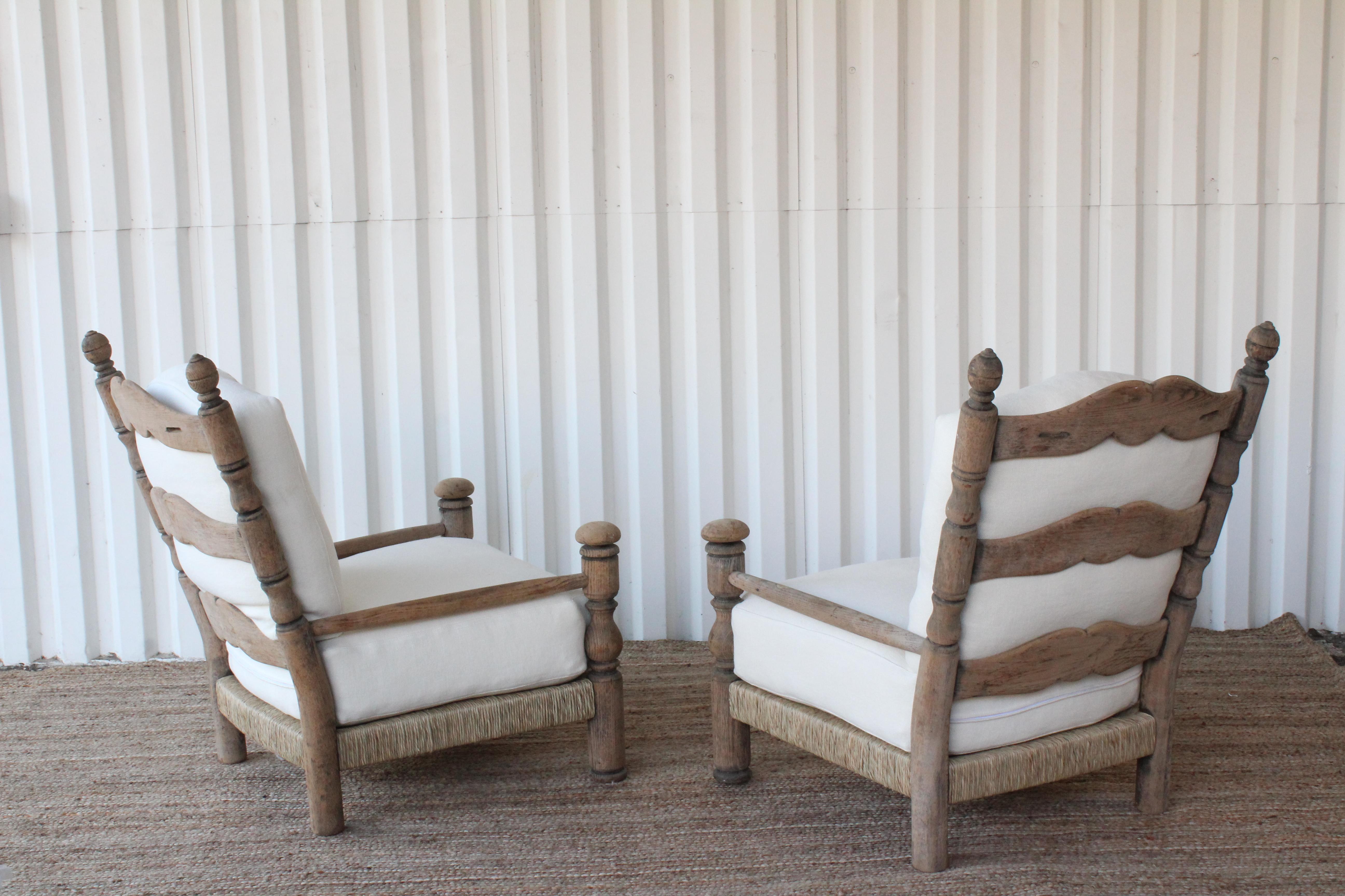 Pair of Oak and Rush Lounge Chairs, France, 1940s. 6
