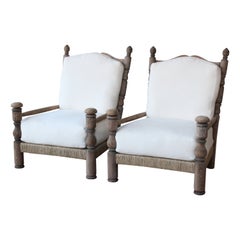Pair of Oak and Rush Lounge Chairs, France, 1940s.
