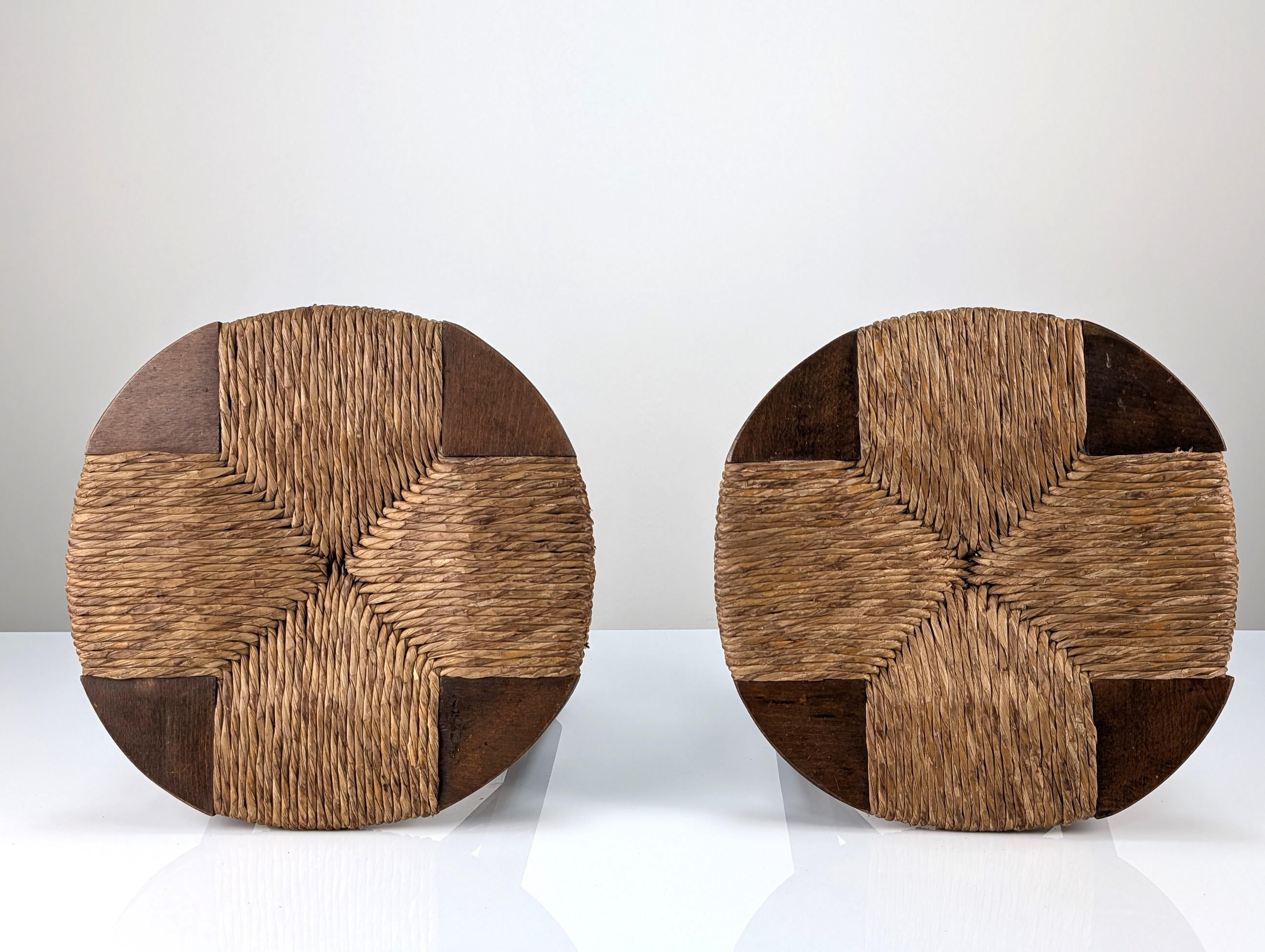 Mid-Century Modern Pair of Oak and Rush Seat Stools, France, 1950s