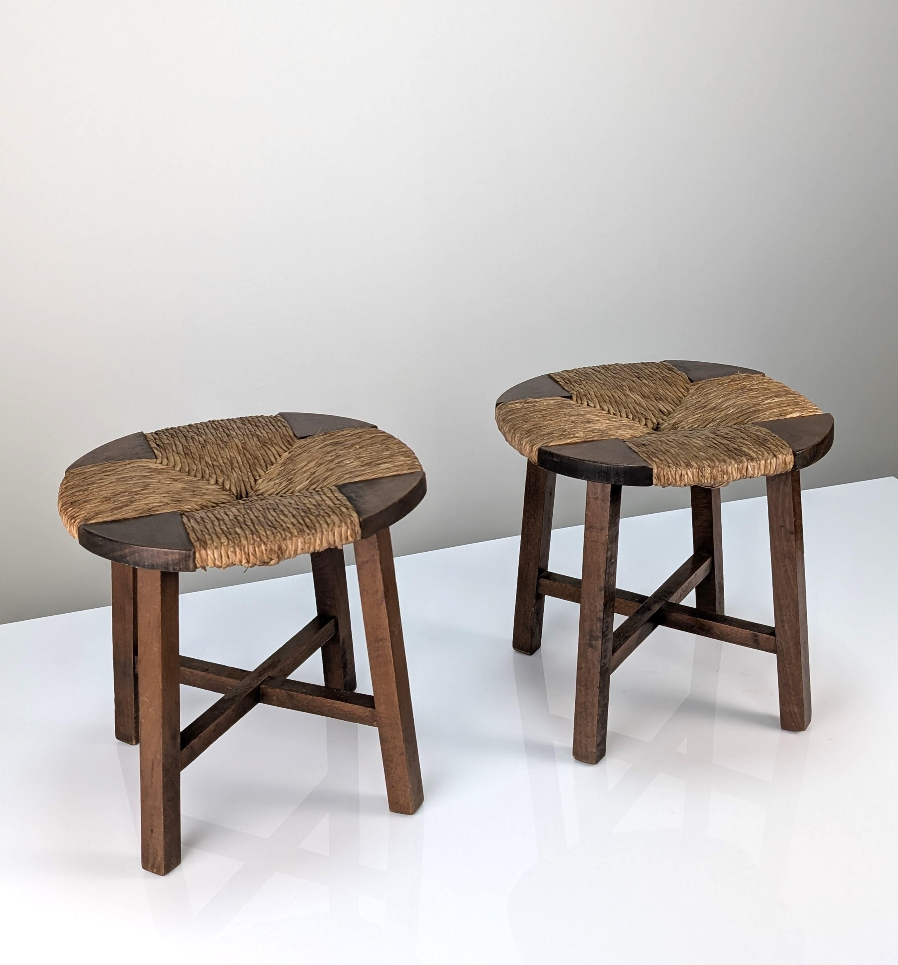 French Pair of Oak and Rush Seat Stools, France, 1950s