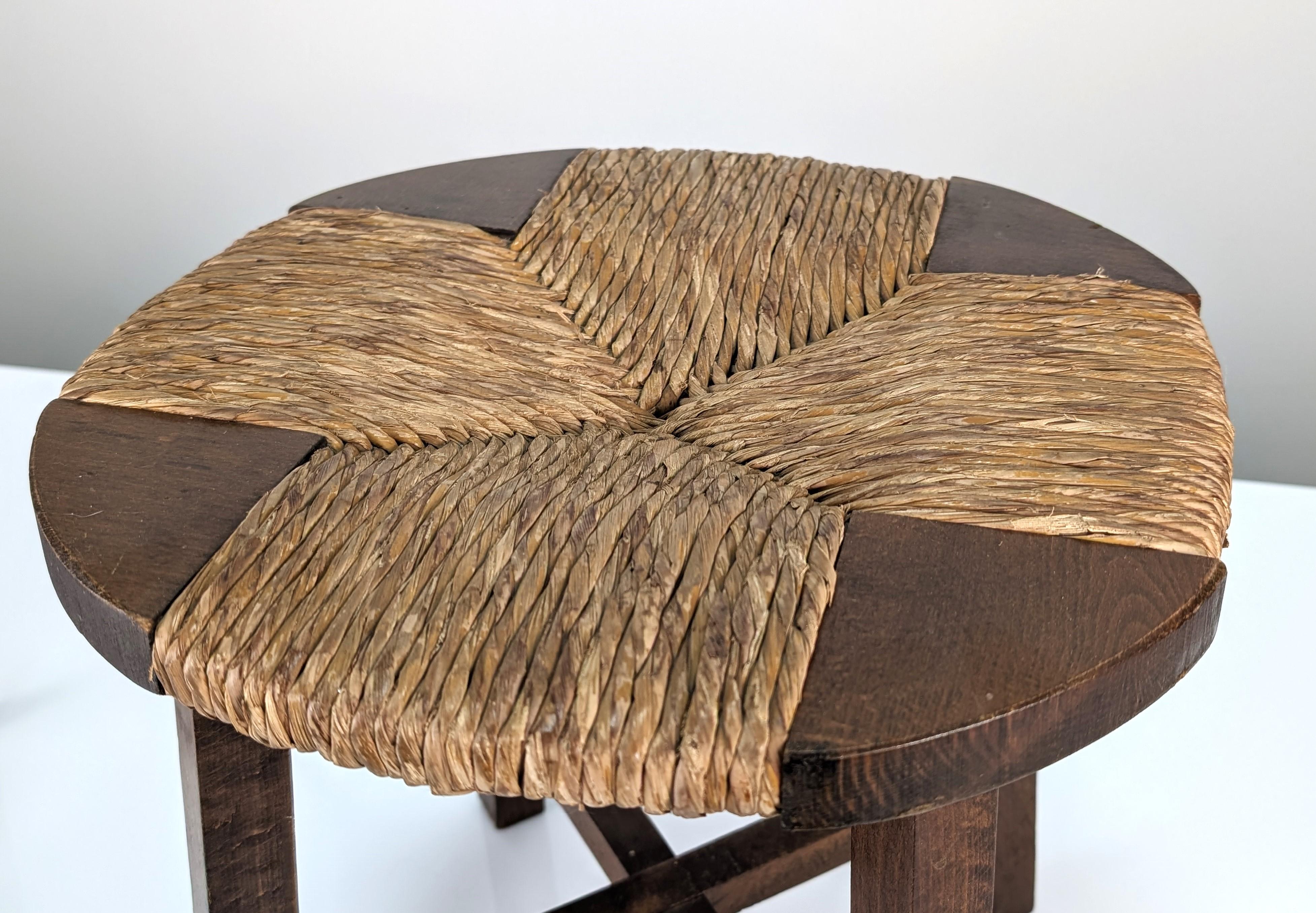 20th Century Pair of Oak and Rush Seat Stools, France, 1950s