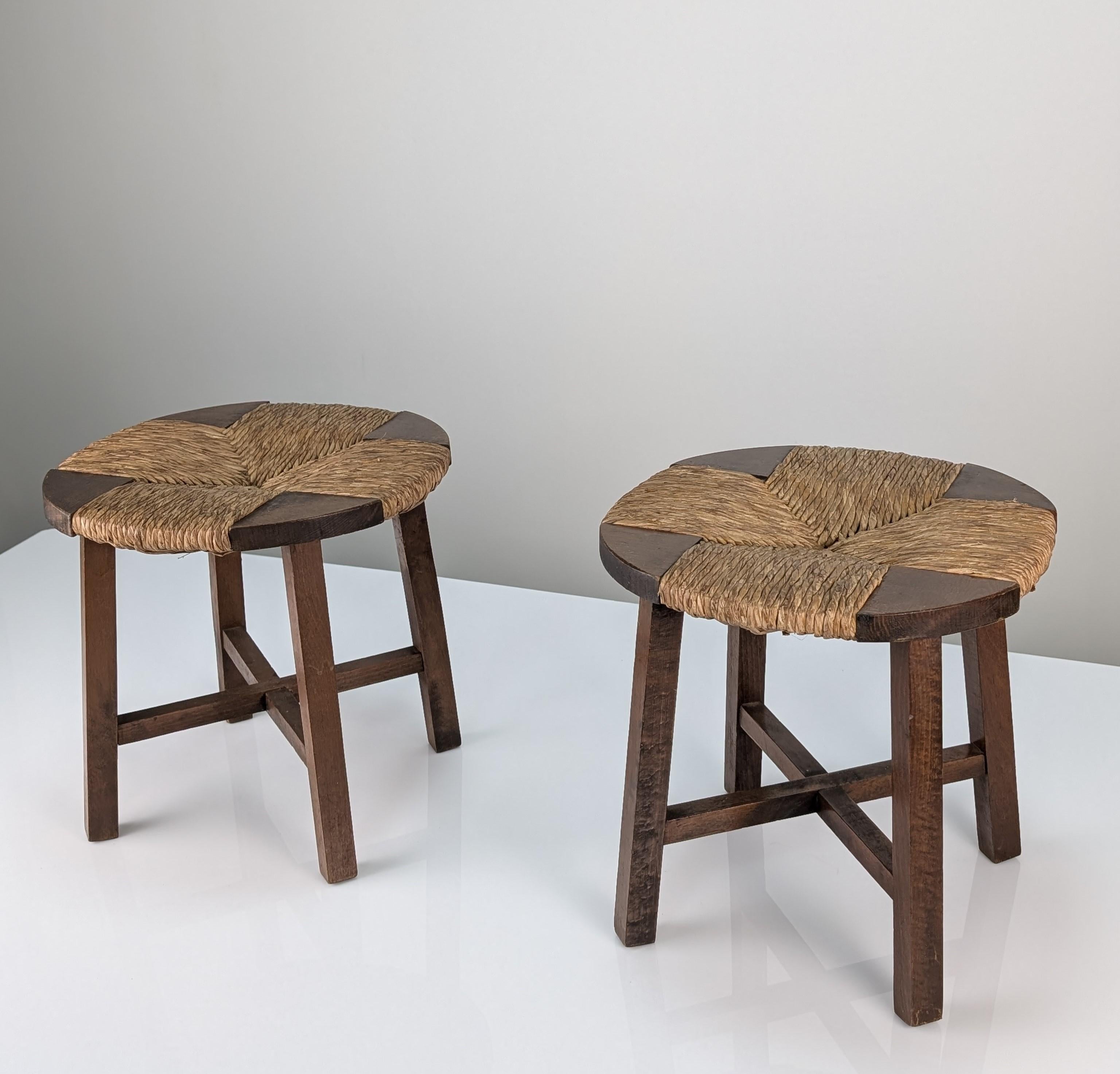 Pair of Oak and Rush Seat Stools, France, 1950s 1