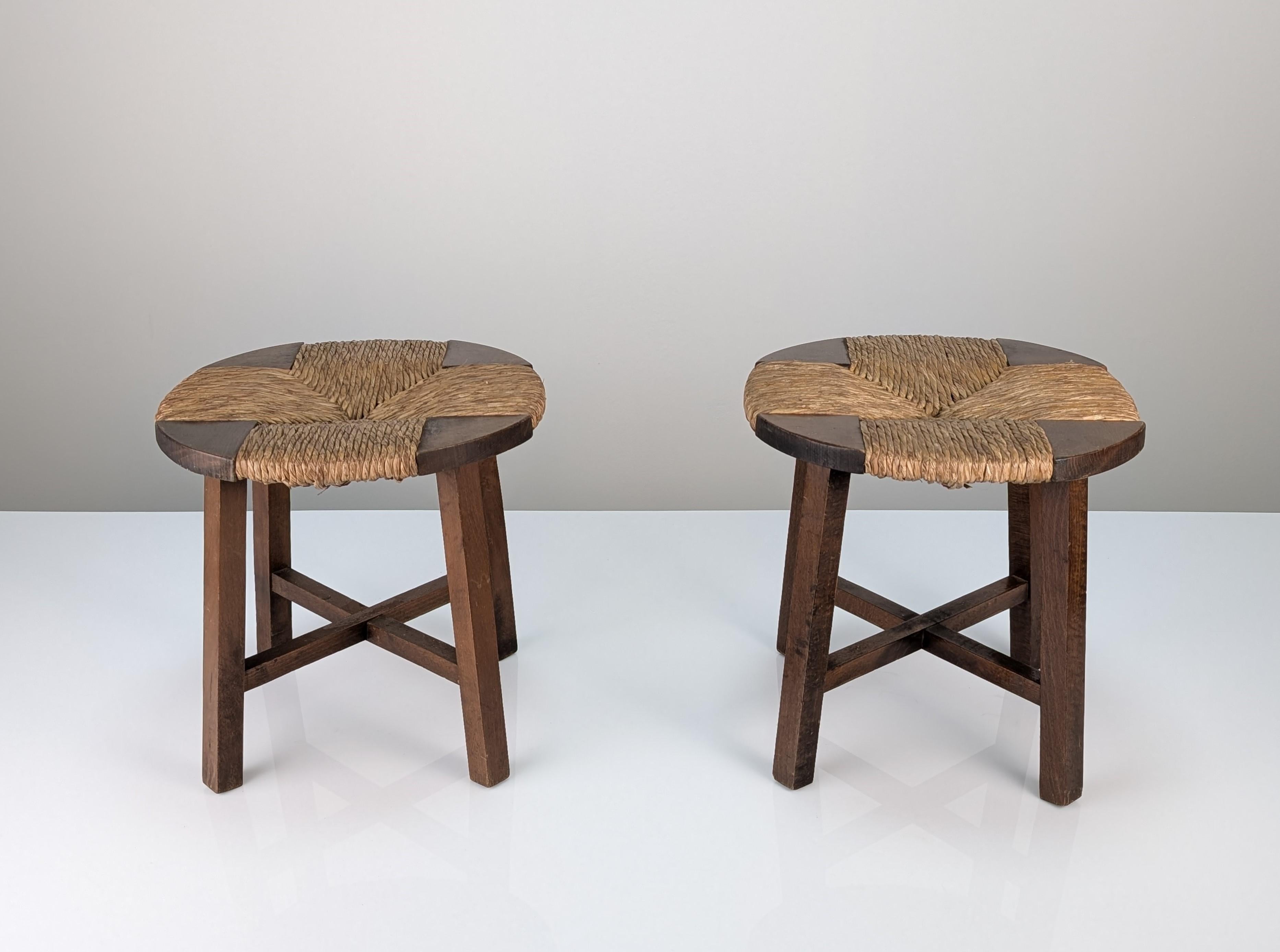 Pair of Oak and Rush Seat Stools, France, 1950s 2