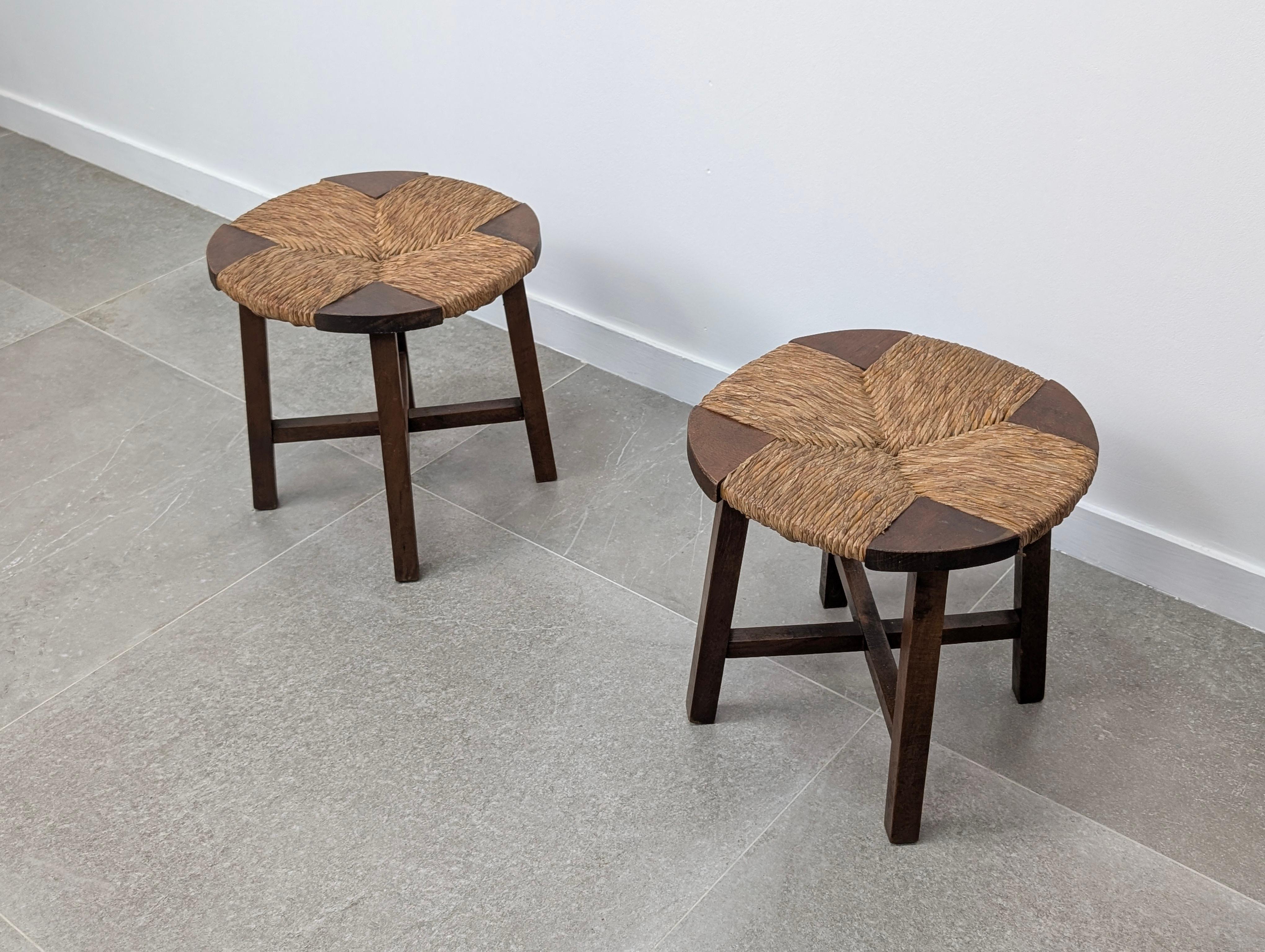 Pair of Oak and Rush Seat Stools, France, 1950s 3