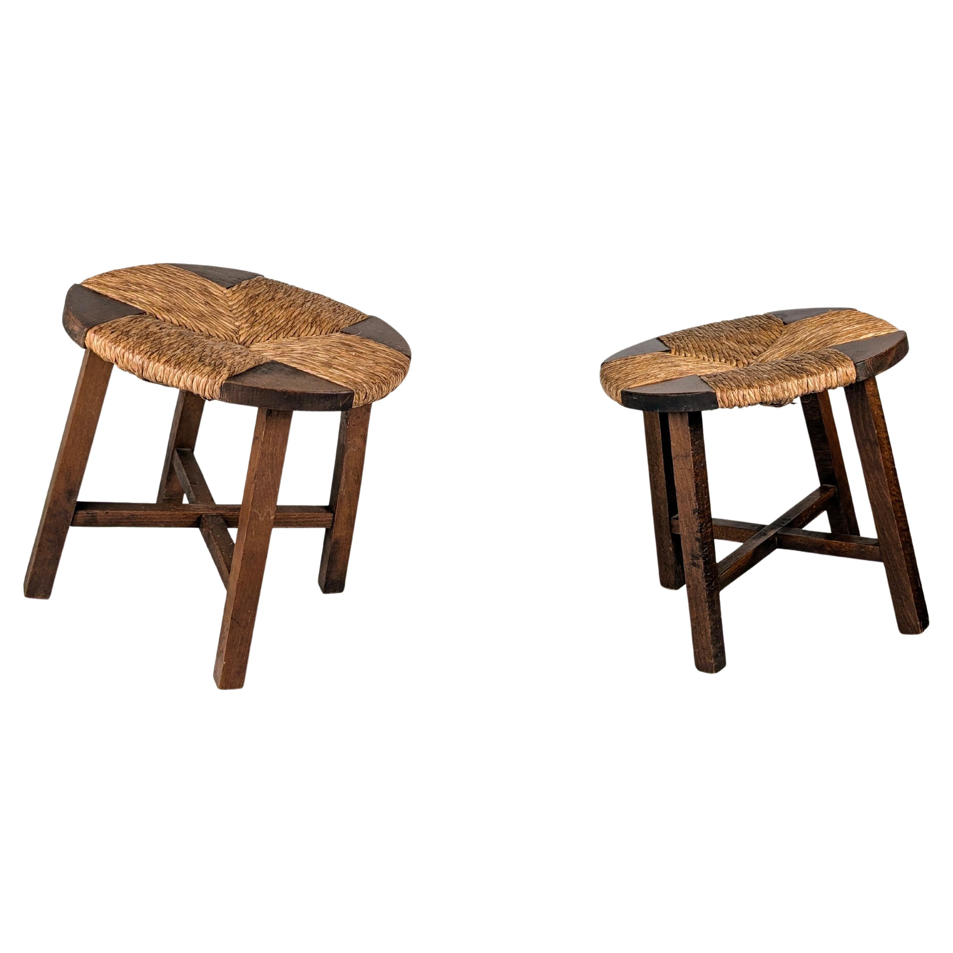 Pair of Oak and Rush Seat Stools, France, 1950s
