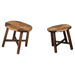 Pair of Oak and Rush Seat Stools, France, 1950s