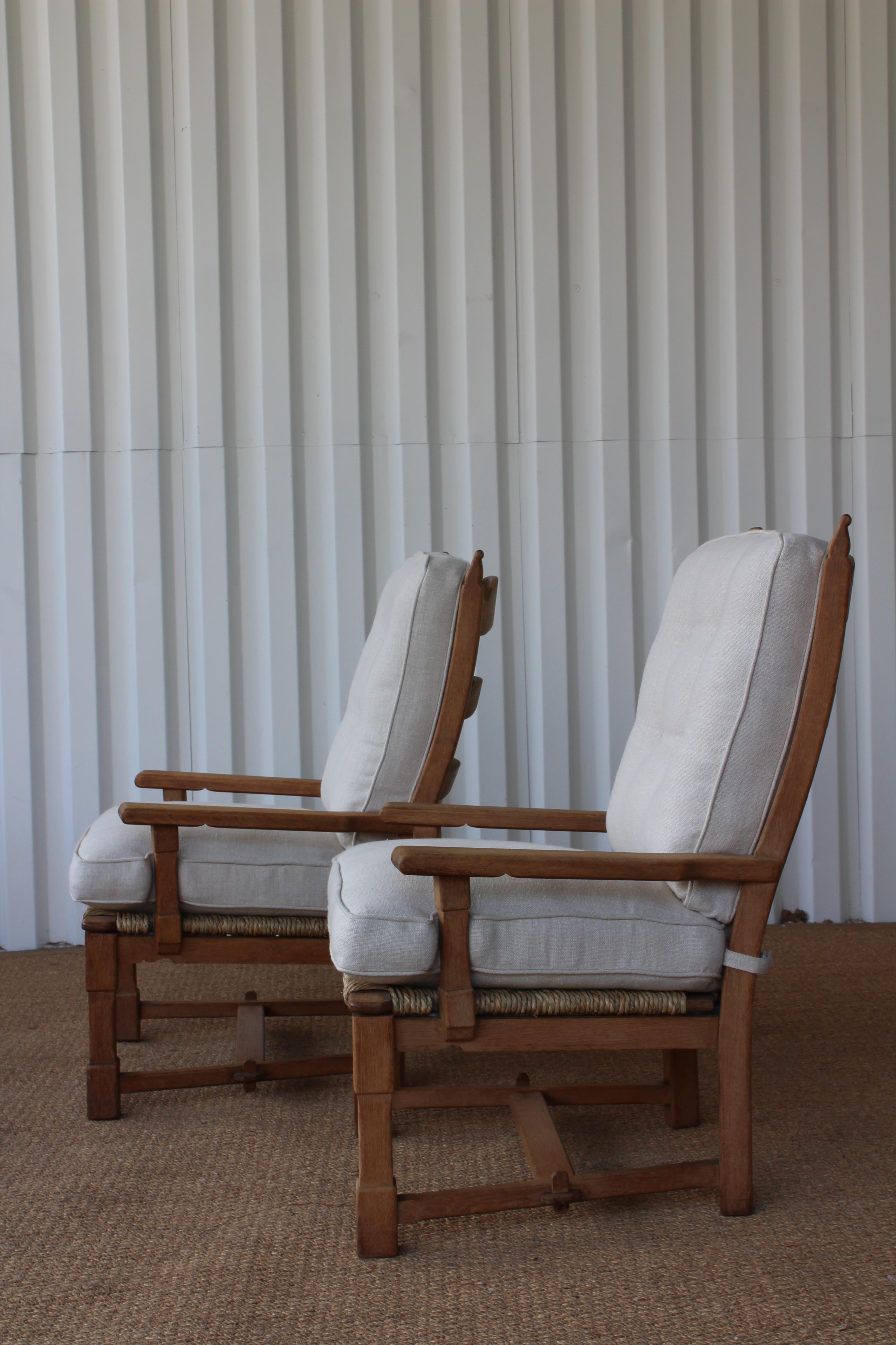 Pair of Oak and Seagrass Chairs, France, 1950s In Good Condition In Los Angeles, CA