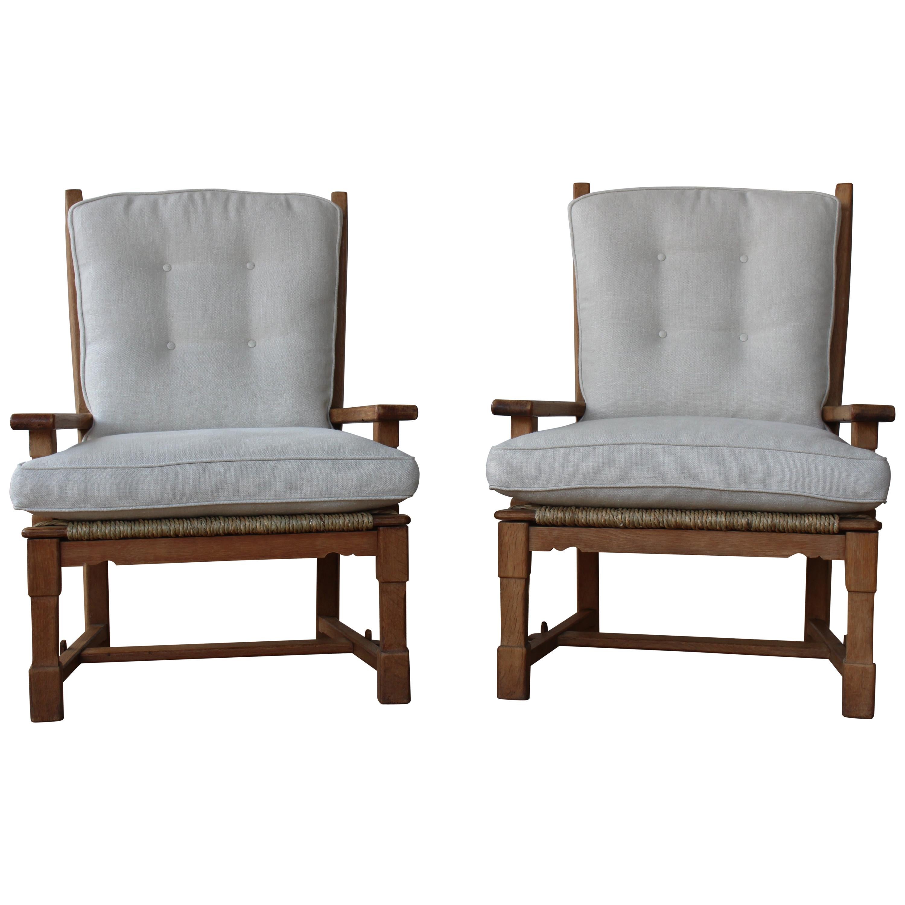 Pair of Oak and Seagrass Chairs, France, 1950s