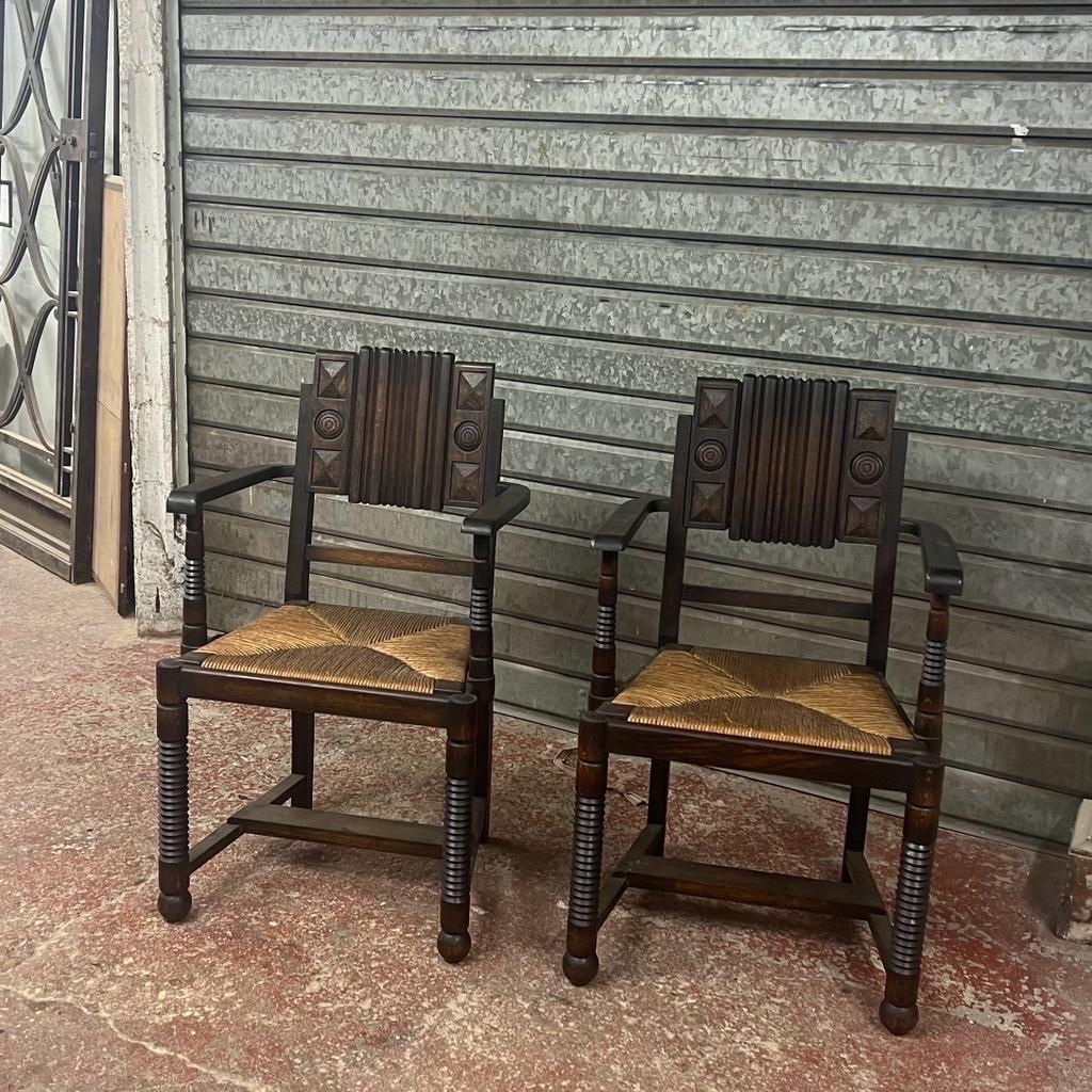 French Pair of oak and straw armchairs 