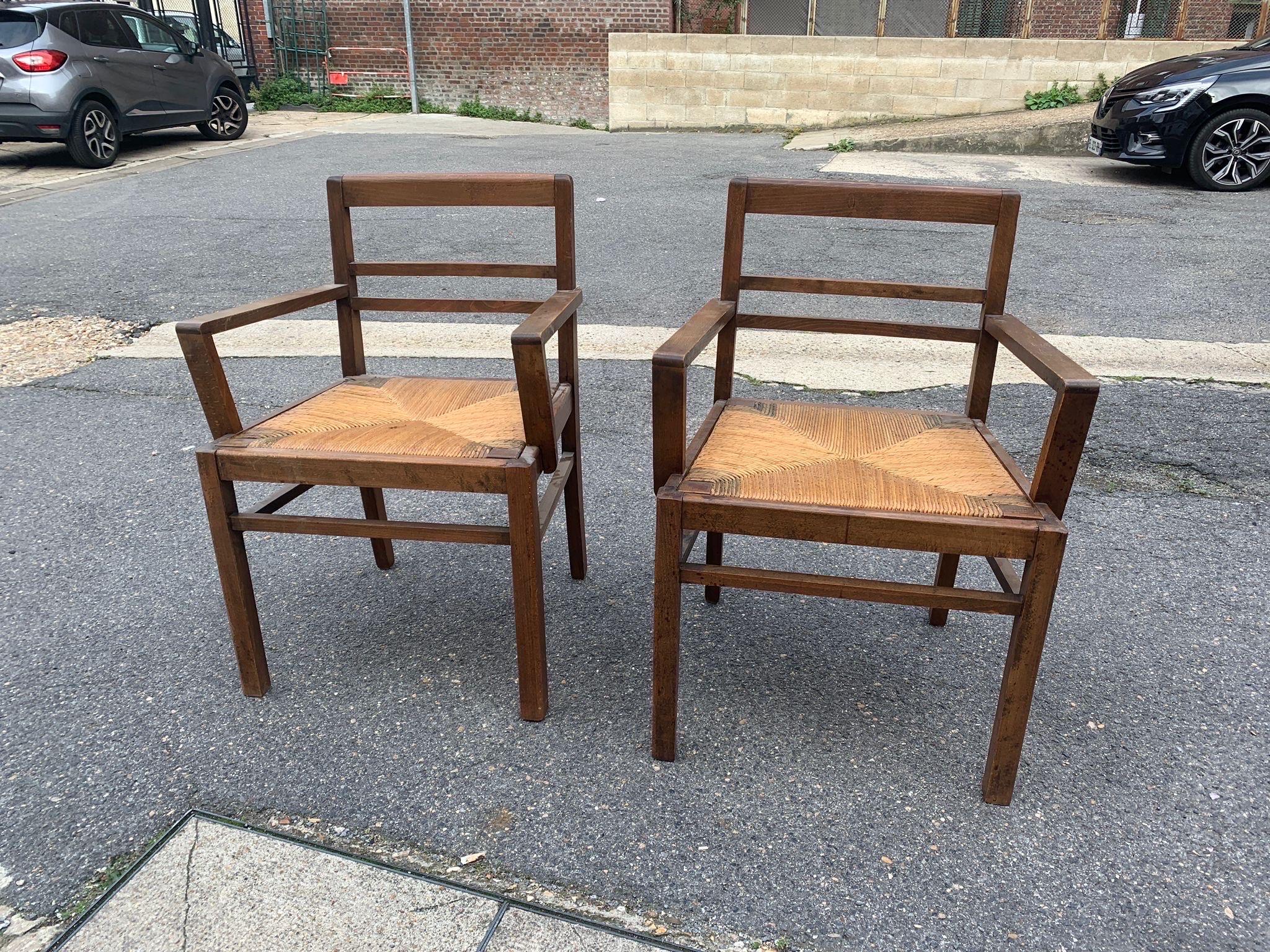 Paar Sessel aus Eiche und Stroh 