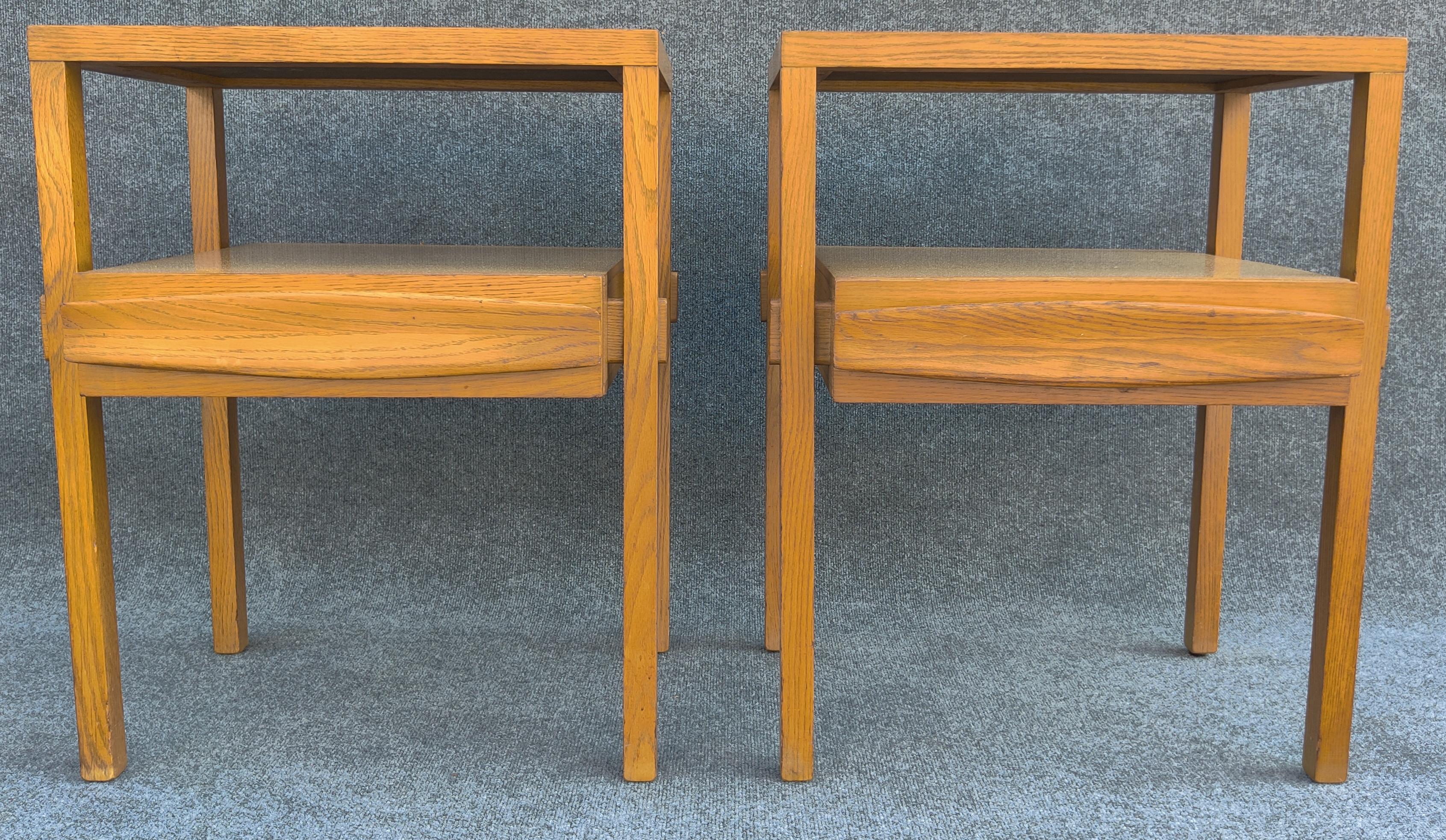 By Harold Schwartz for Romweber, this rare sculptural and architectural pair of nightstands or end tables is as cool as anything designed by Vladimir Kagan, Hans Wegner, or Finn Juhl. High quality construction paired with solid white oak, having
