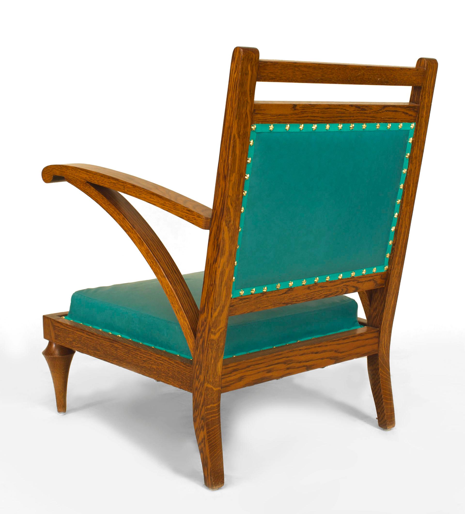 Post-Modern Pair of Post-War Turquoise Leather Armchairs For Sale
