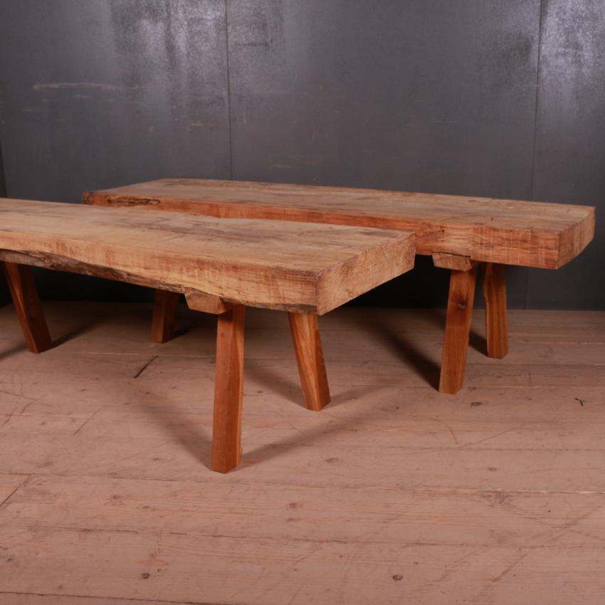 Huge pair of primitive oak and walnut coffee tables with 4