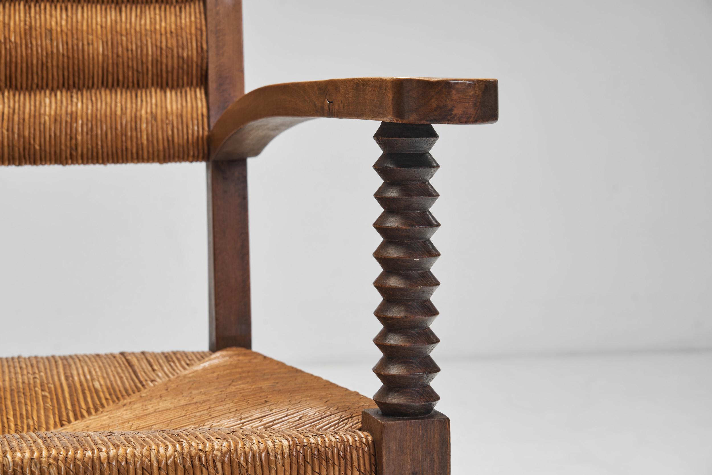 Pair of Oak and Woven Rush Chairs in the Manner of Charles Dudouyt, France 1940s For Sale 4