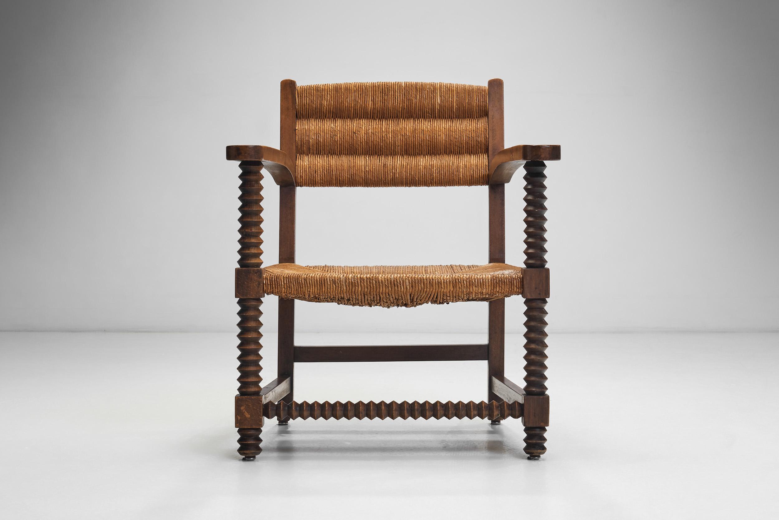Pair of Oak and Woven Rush Chairs in the Manner of Charles Dudouyt, France 1940s For Sale 7
