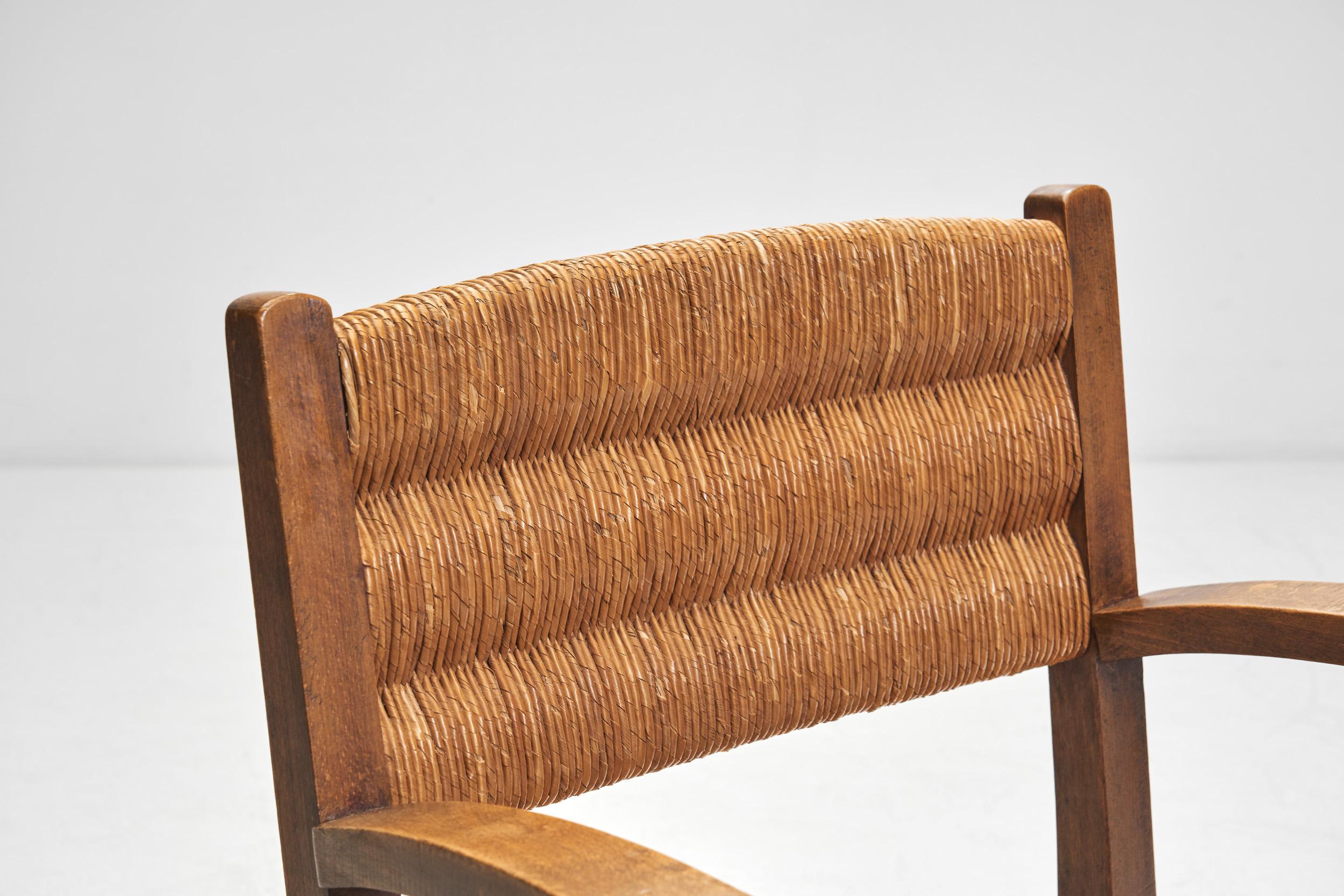 Pair of Oak and Woven Rush Chairs in the Manner of Charles Dudouyt, France 1940s For Sale 1