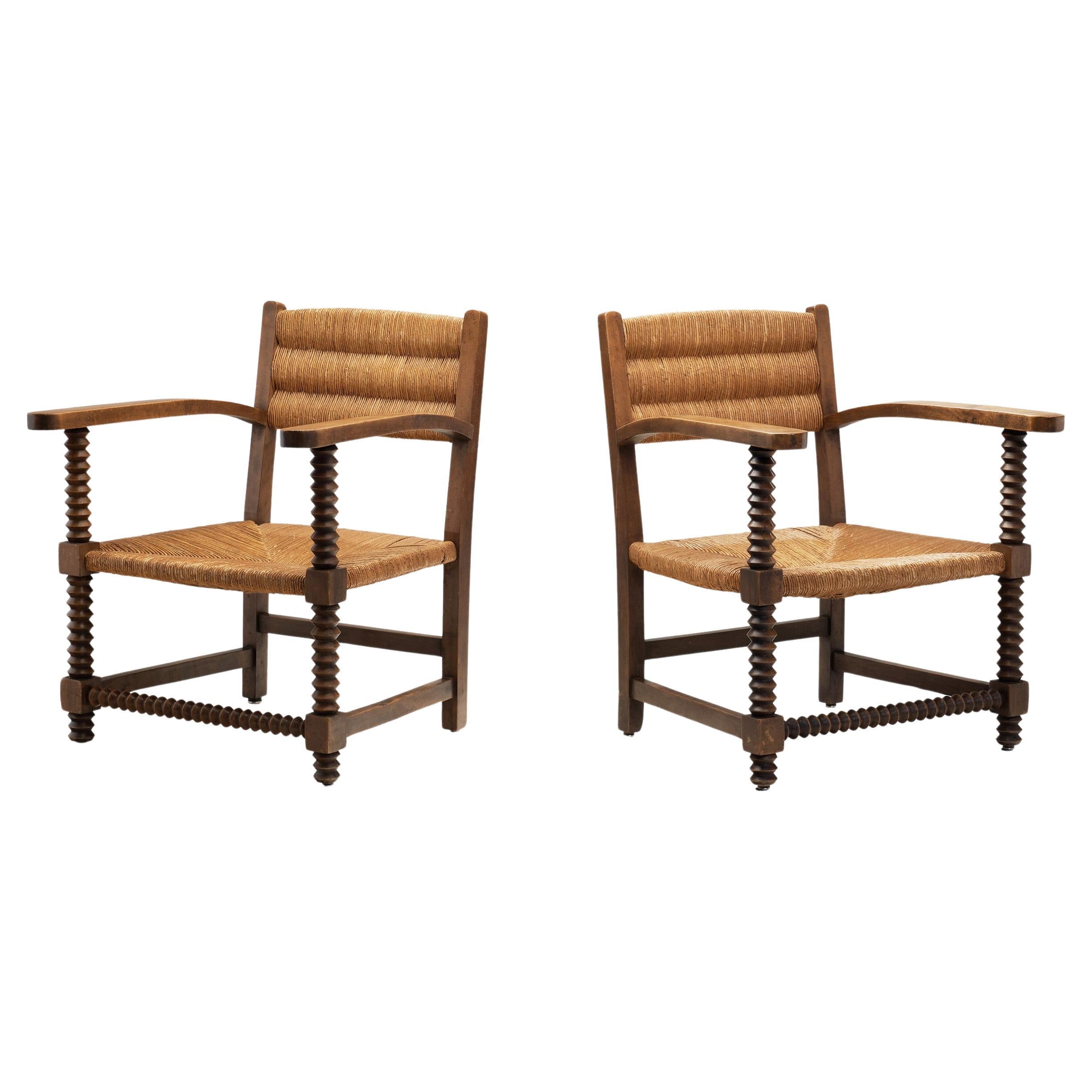 Pair of Oak and Woven Rush Chairs in the Manner of Charles Dudouyt, France 1940s