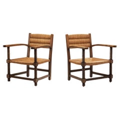 Pair of Oak and Woven Rush Chairs in the Manner of Charles Dudouyt, France 1940s