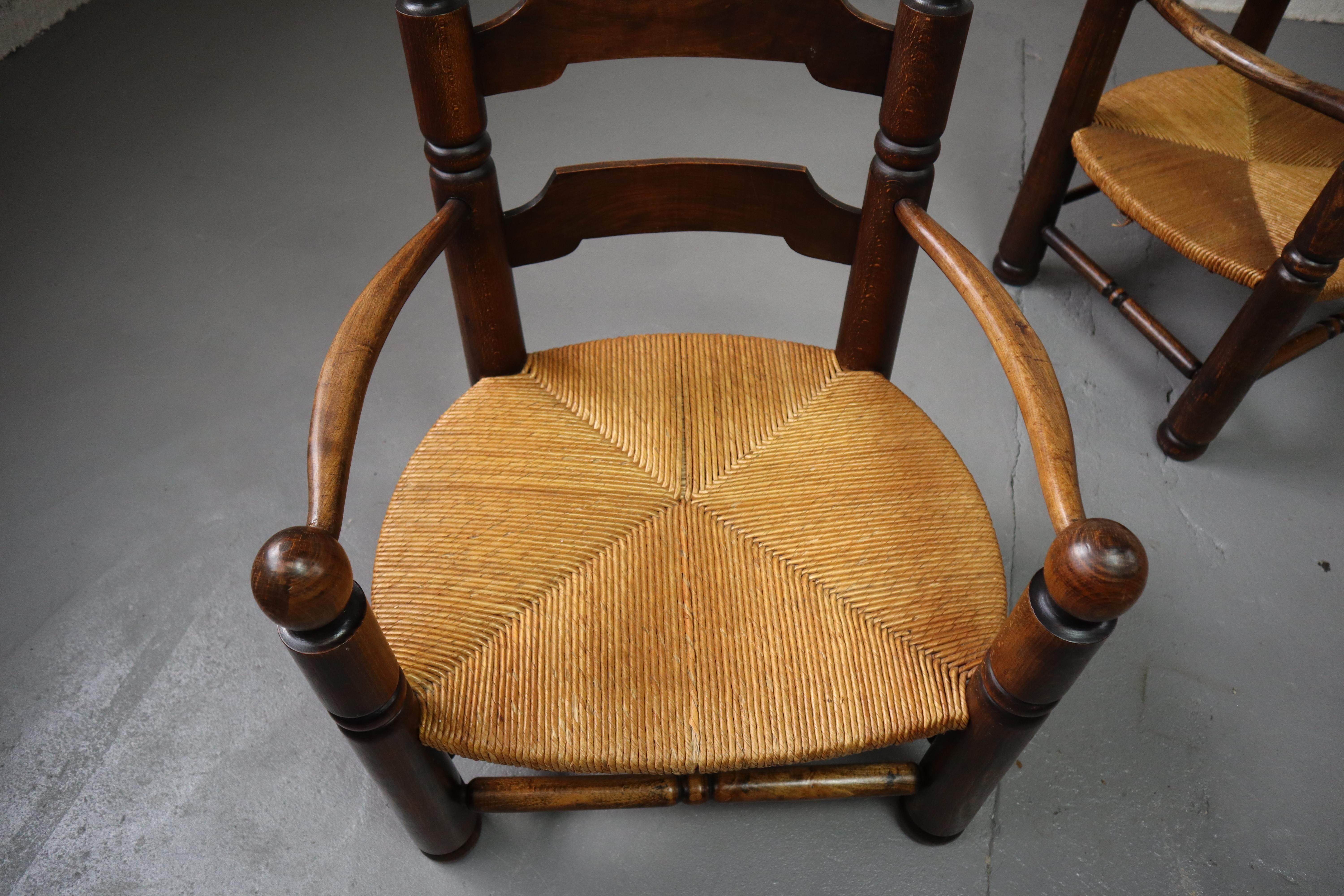 Rush Pair of oak armchairs by Charles Dudouyt, 1940's For Sale