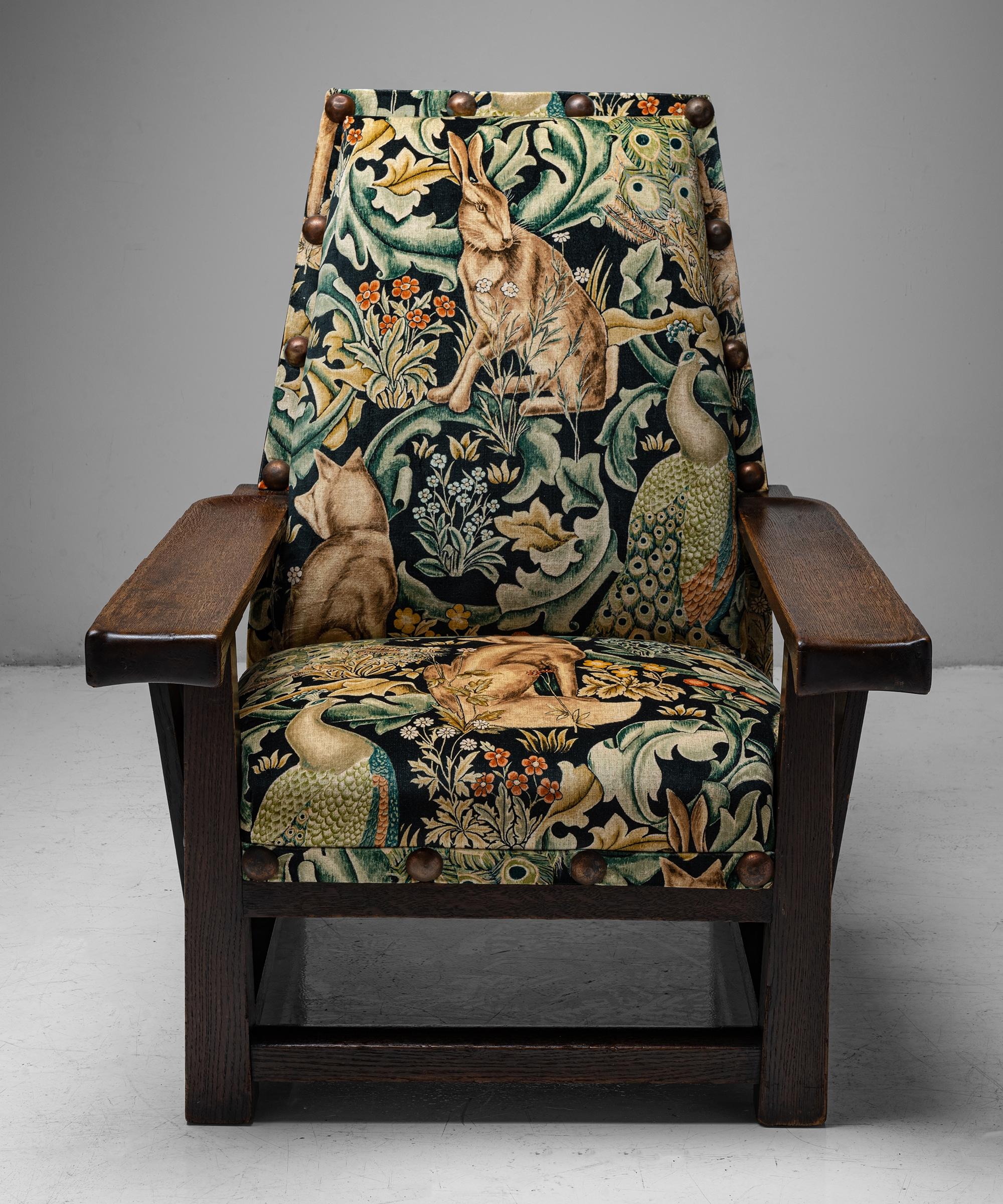 Arts and Crafts Pair of Oak Armchairs by Leonard Wyburd in Cotton Velvet from William Morris